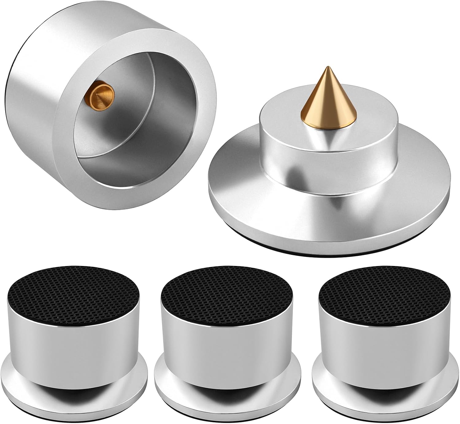 Turntable Isolation Feet, Speaker & Subwoofer Anti-Vibration Pads – 4-Pack Solid Aluminum Alloy Audiophile Grade Feet for Hi-Res Audio, Home Theater with Noise & Vibration Dampening(Silver)