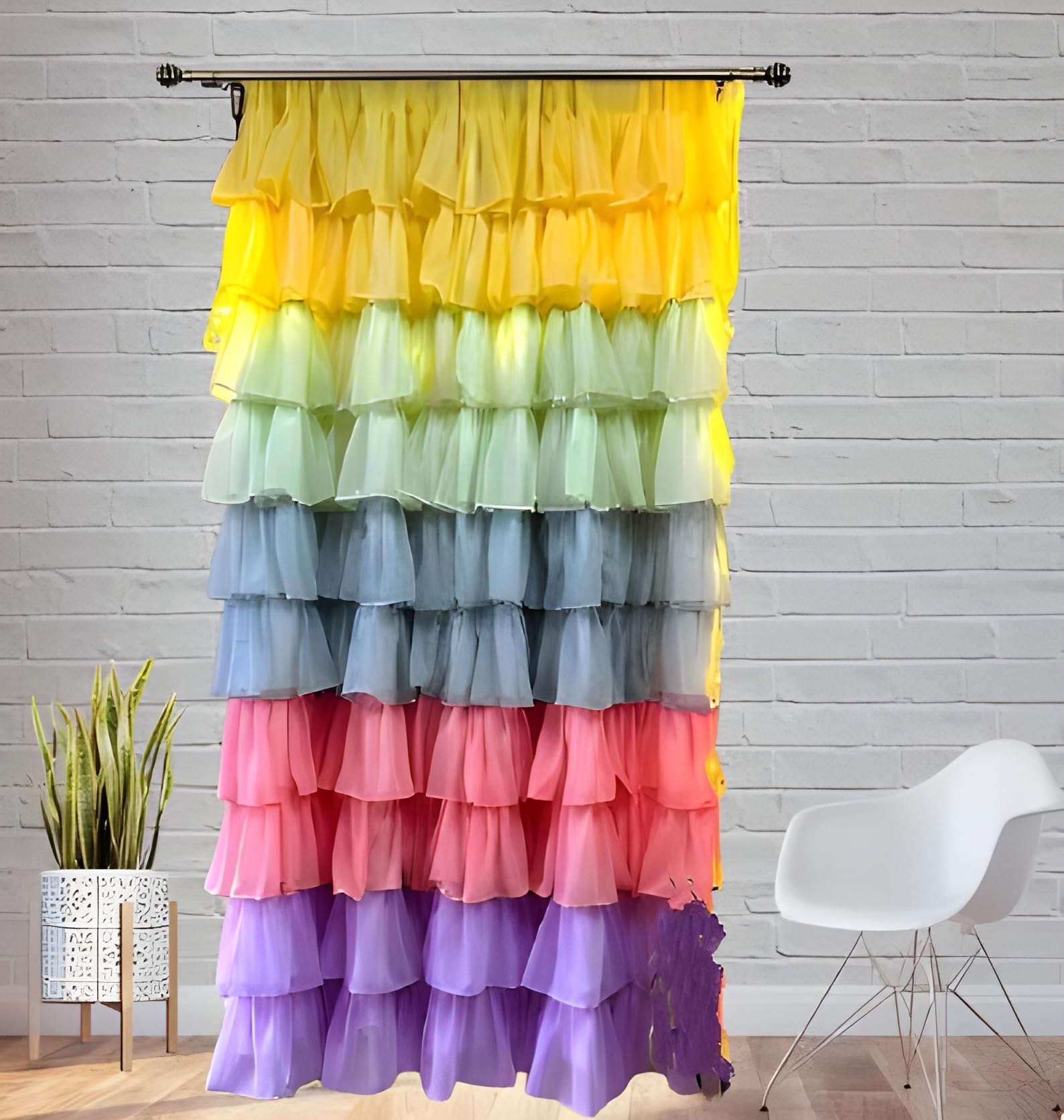 Nysarg Rainbow Pastel Green Ruffle Curtain, 7 feet, Single Piece, Multicolour-image-44