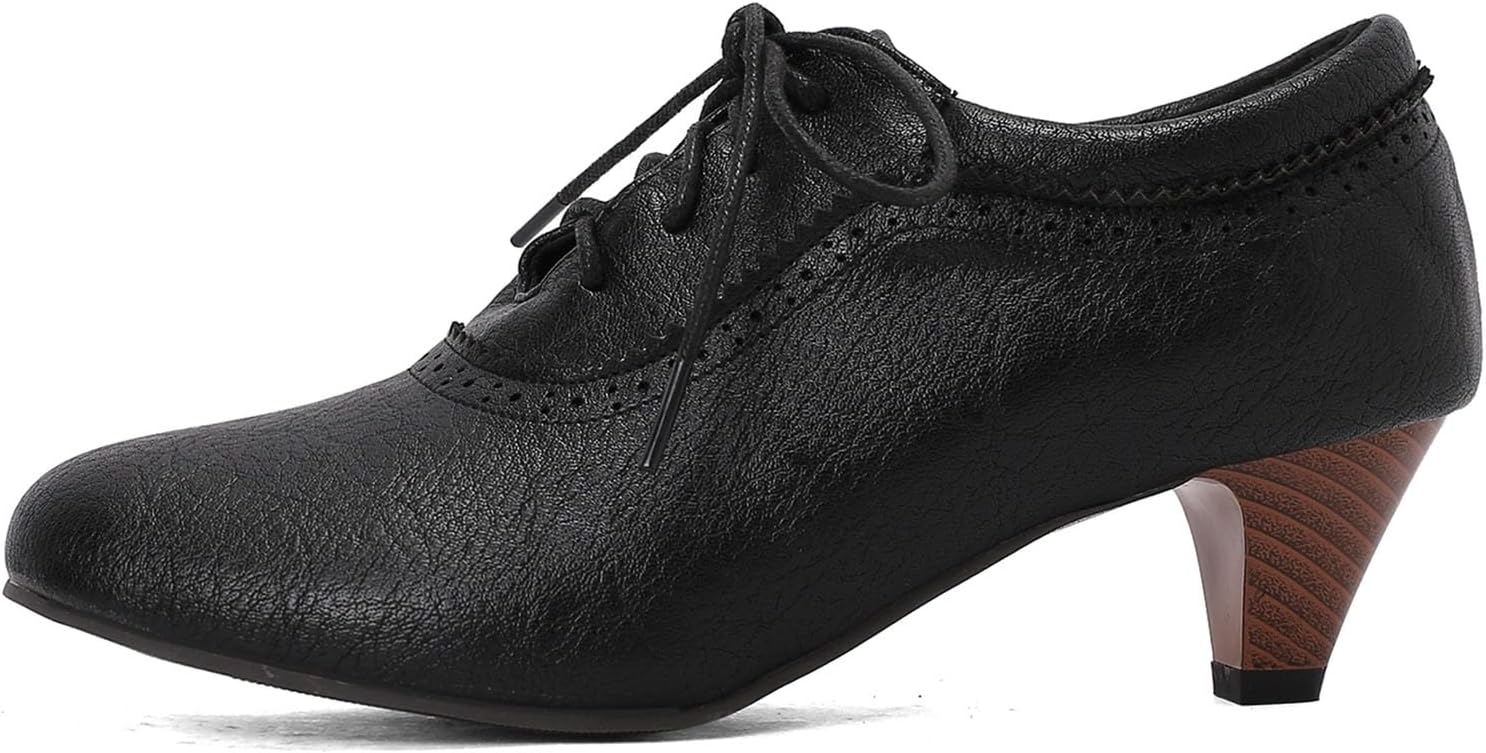 SHEMEE Vintage Kitten Heels Oxford Pumps for Women Stacked Cone Heel Victorian Witch Shoes Lace-Up Brogues Work Office Shoe