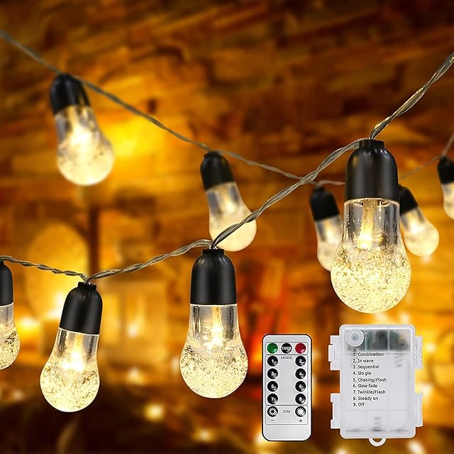 Fairy Lights Battery Operated Outdoor String Lights 20FT 30LED Crystal Bulbs Garden Lights Indoor Decorative Christmas Patio Lights Waterproof 8 Modes for Party Garden Porch Yard Wedding (Warm White)