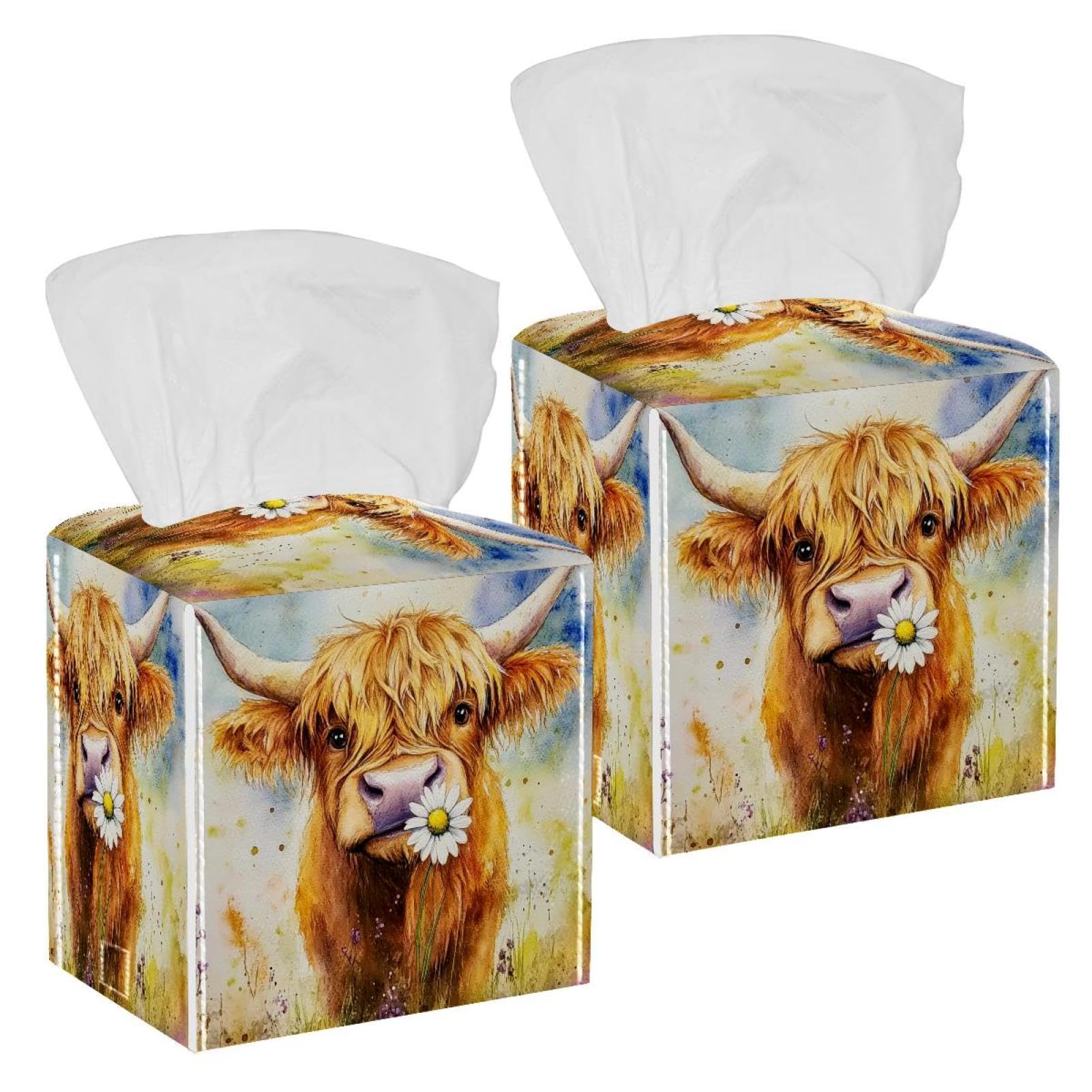 Watercolor Cow Tissue Box Cover, 2 Pack PU Leather Square Facial Tissue Dispenser Box holder for Home Office Car
