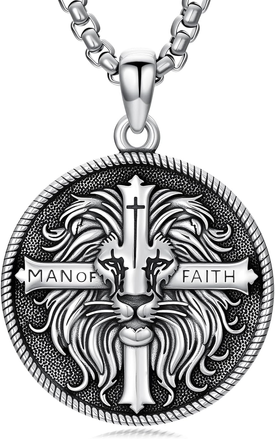 Lion Necklace for Men 925 Sterling Silver Lion Pendant Men of Faith Bible Christian Jewelry Gifts for Husband Brother