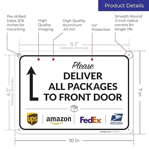 Vista 145 de Cartel de entrega del paquete, letrero de instrucciones de entrega, 10 x 7 pulgadas, aluminio 040 libre de óxido, resistente a la decoloración
