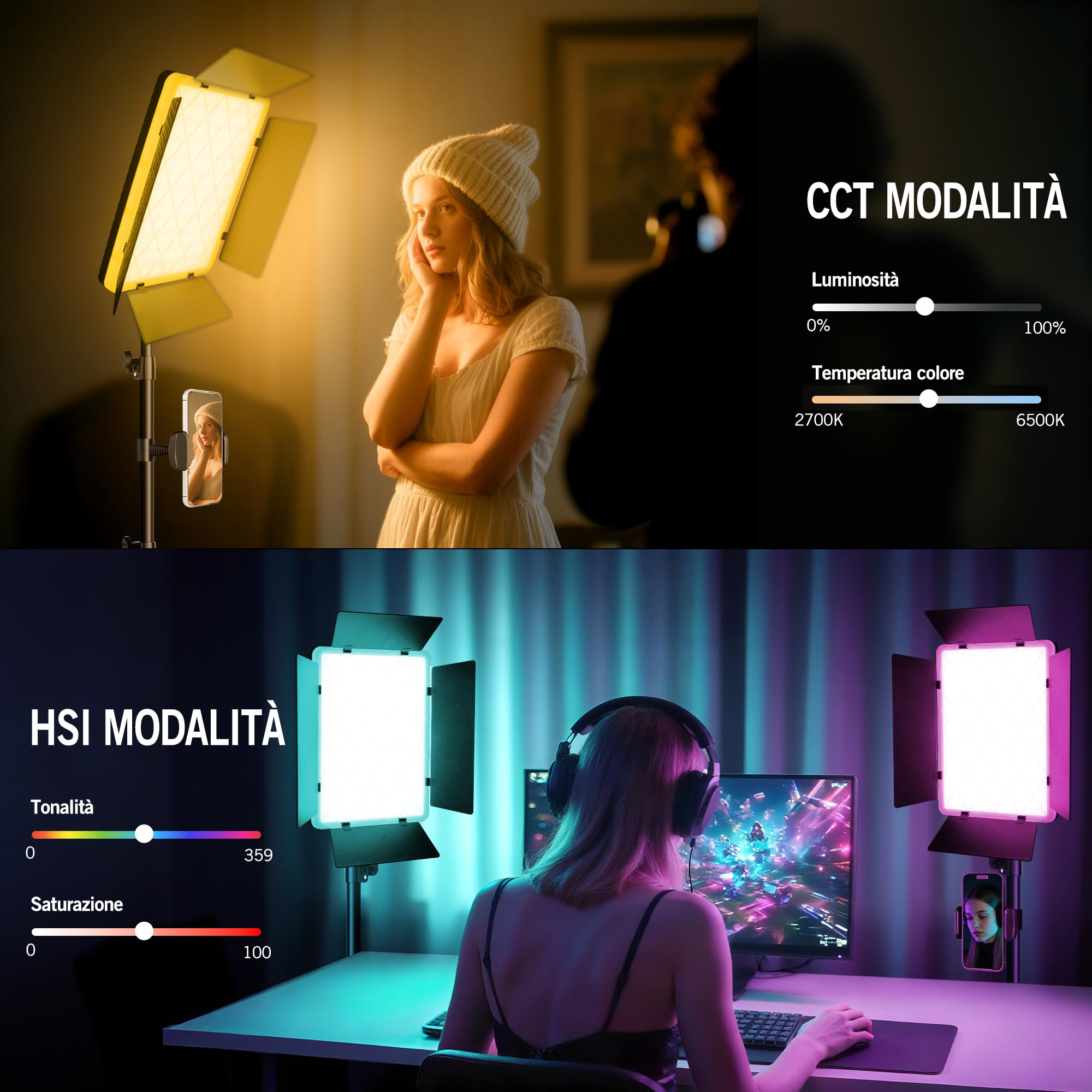 NiceVeedi Luce video RGB da 15 pollici, illuminazione da studio fotografico da 40 W con telecomando e supporto per telefono, 2700K-6500K dimmerabile LED Panel Light con 20 SCENES/RGB/CCT/HSI Modalità