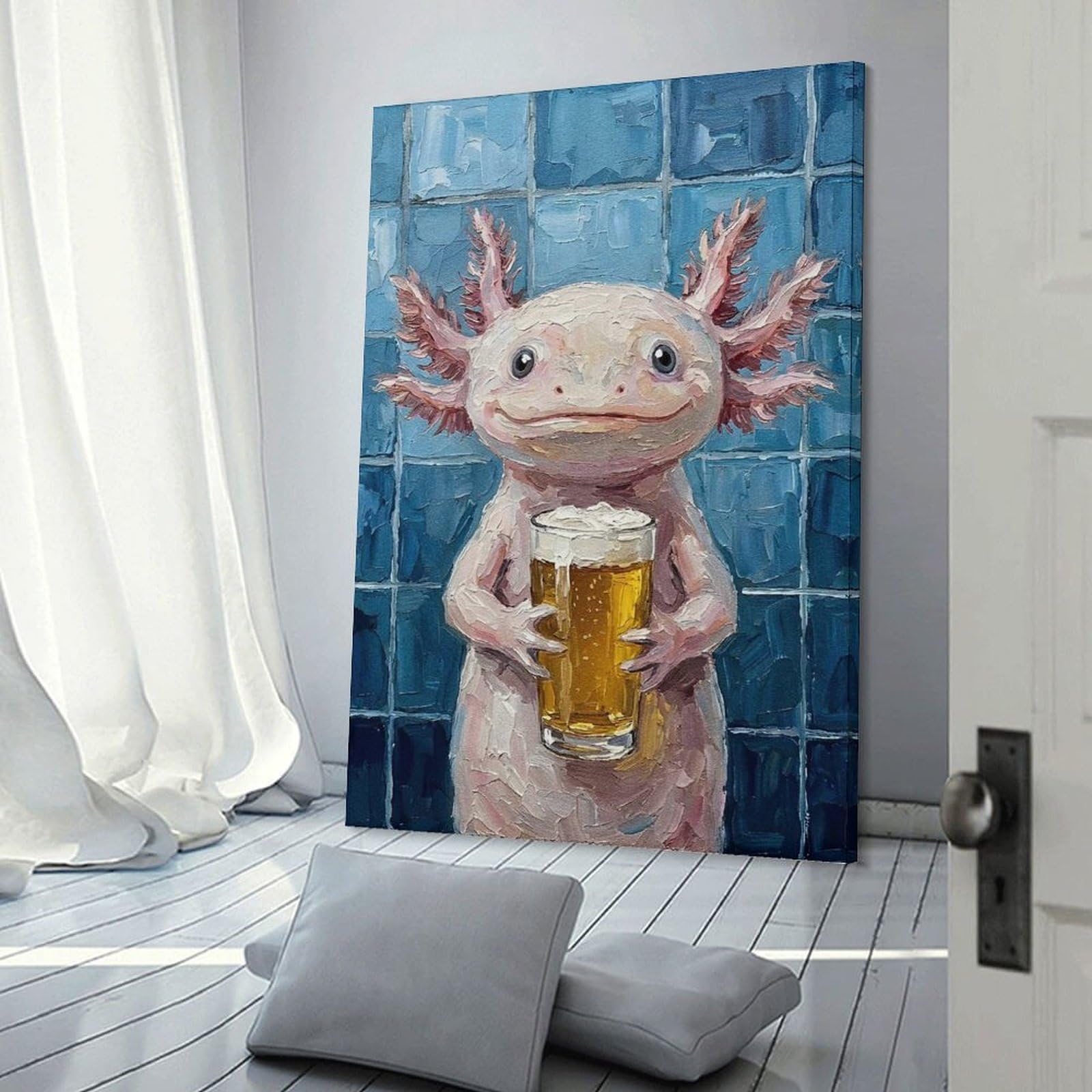 Junmoney Home Decor Wall Art Axolotl with Beer Painting, 12x18inch(30x45cm), for New Homes, Bedrooms Or Workspaces, Home Decor Gift with Stylish Appeal