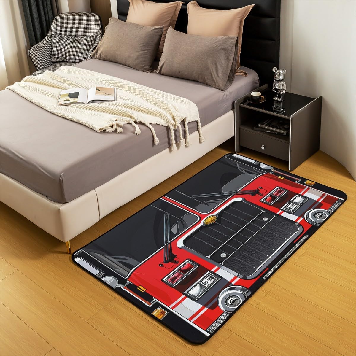 Fire Truck Area Rug 4x5 Cartoon Red Construction Vehicle Decor Non Slip Rug for Kids Boys Teens Modern Outdoor Fire Engine Print Indoor Floor Mat for Bedroom Living Room