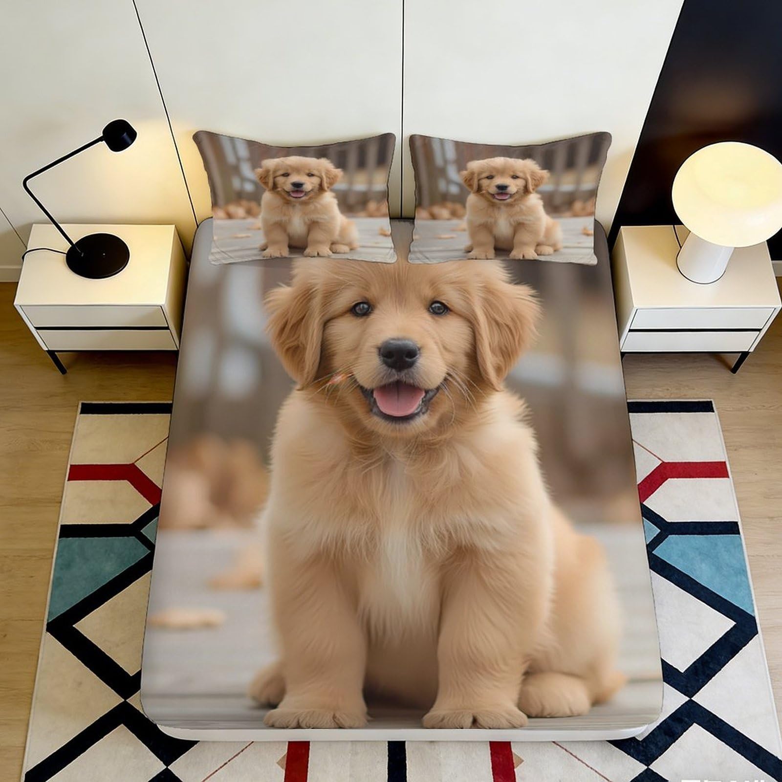 3D Printed Golden Retriever Puppy Fitted Sheet Microfiber Soft Anti-Slip Dog Pattern Bed Cover for Bedroom Guestroom Decor 120x200cm 160x200x25cm