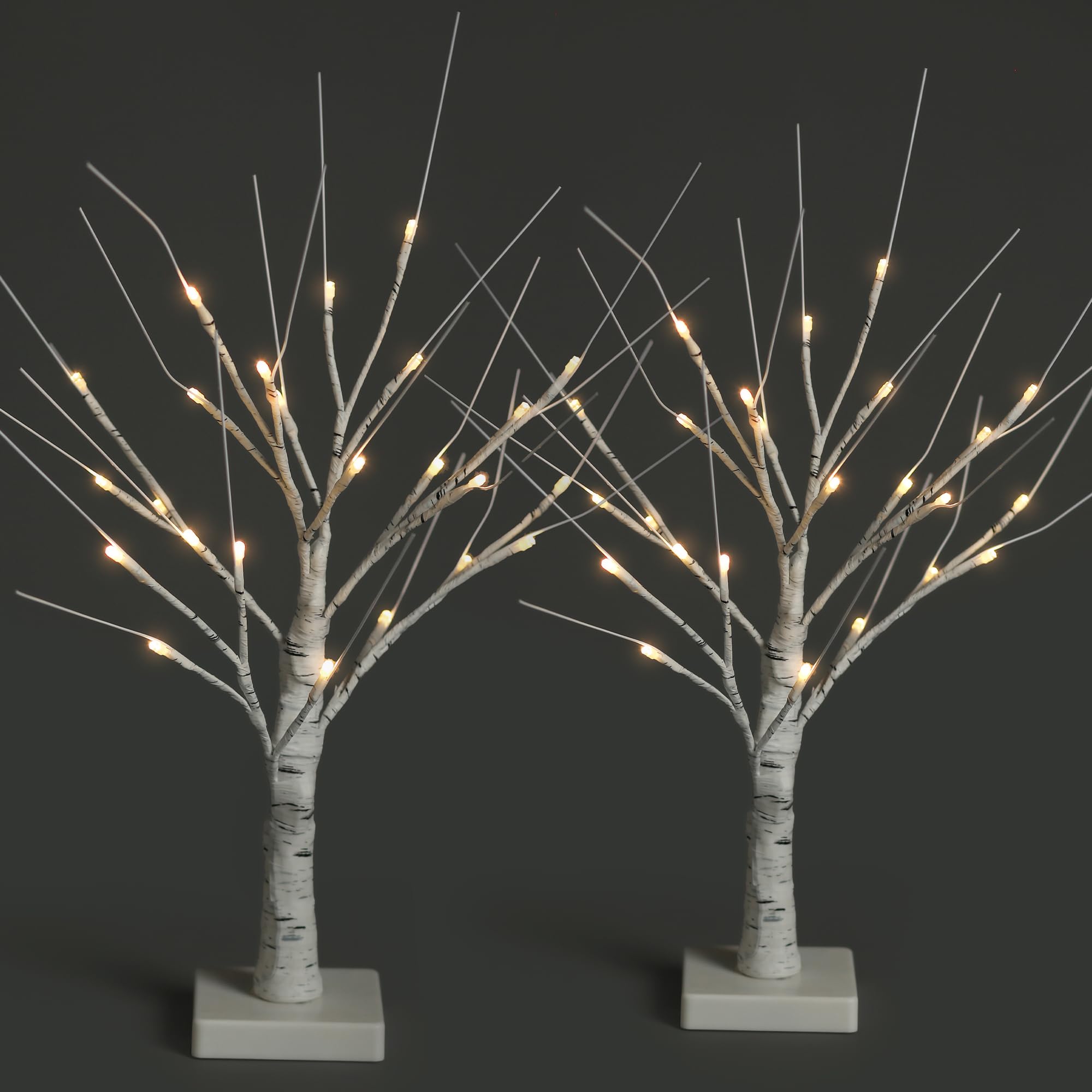 Netta White Set Of 2 Twig Birch Tree With Lights Christmas Tree Ornament Pre-Lit With 24 Warm Leds - Battery Powered Tabletop Decoration (60Cm/2Ft)
