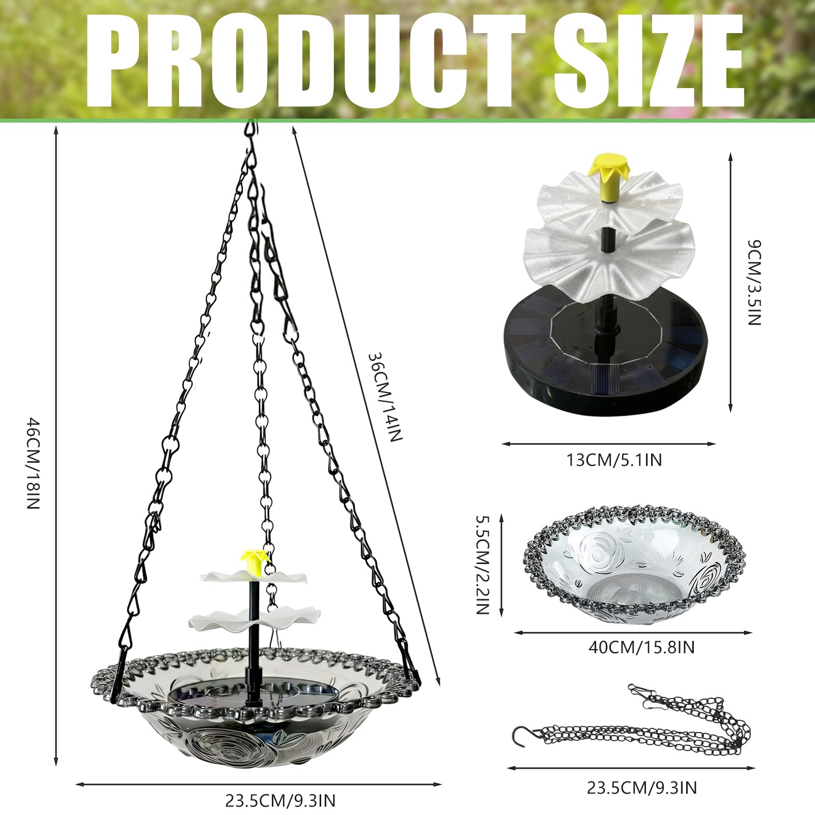 Gartendeko Vogeltränke Hängend Solarbrunnen mit Haken Springbrunnen Solar Vogeltränke Winterfest Metall Vogelbad Garten Futterspender Vögel für Vögel Outdoor 23,5X46cm (D) - 2