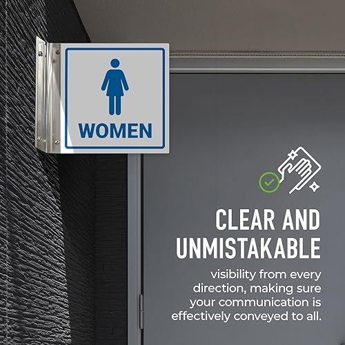 Miniatura 10 de Letrero de proyección de baño para mujer, doble cara, 6 x 6 pulgadas, ACM, con accesorio negro satinado, fabricado en Estados Unidos