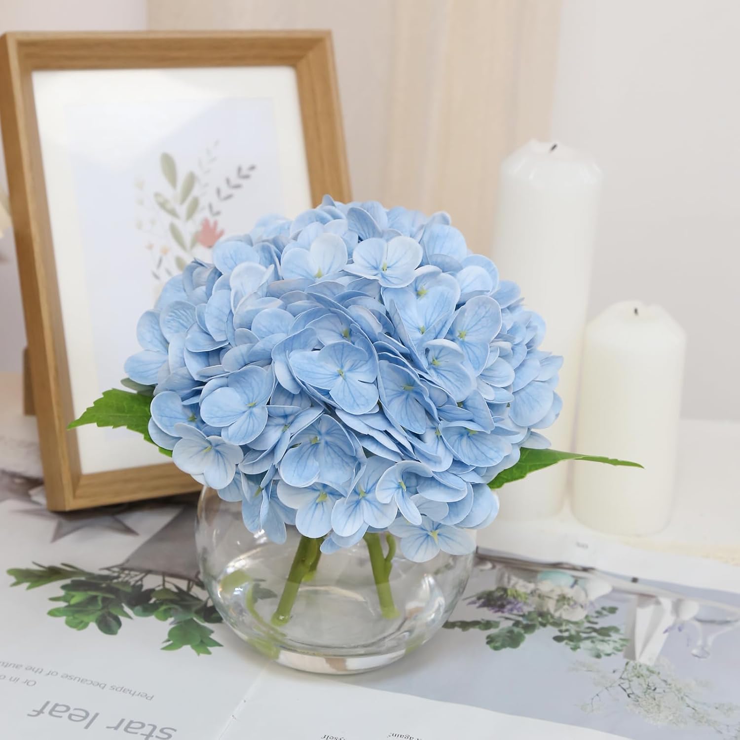 real touch hydrangea artificial flowers with vase, green hydrangea fake flowers arrangements in glass vase with faux water for tables centerpieces shelf table home decor(light blue)