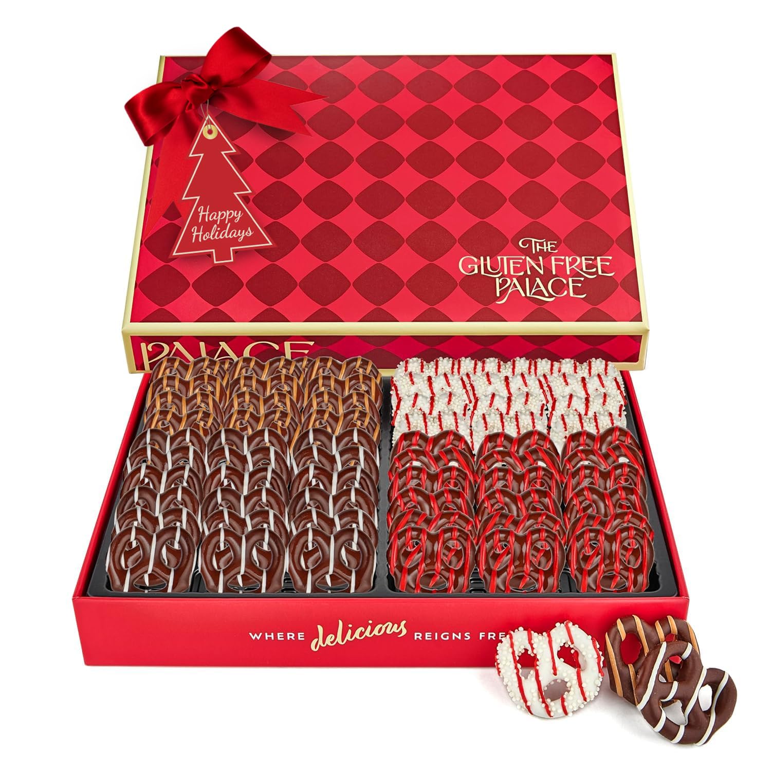 Gluten Free Palace Gourmet Holiday Gift Box – Chocolate Covered Pretzels, Gluten Free Christmas & Thanksgiving Treats, Snack Basket for Men & Women (4 Flavors)