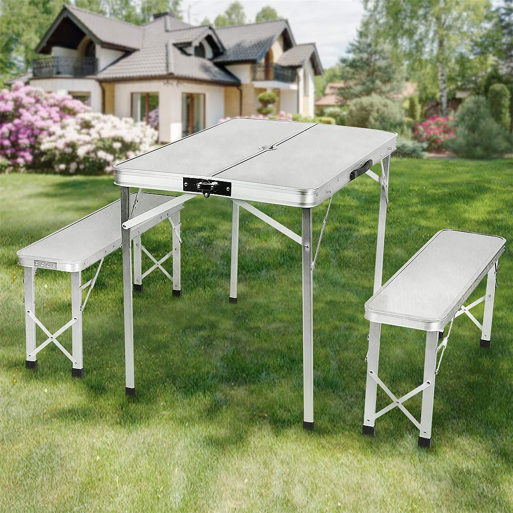 Set tavolo pieghevole e 2 panche pieghevoli, tavolo da campeggio XXL funzione portatile, adatto per terrazza, campeggio, giardino, 4 persone, tavolo da picnic 90 x 60 x 70 cm (bianco argento)