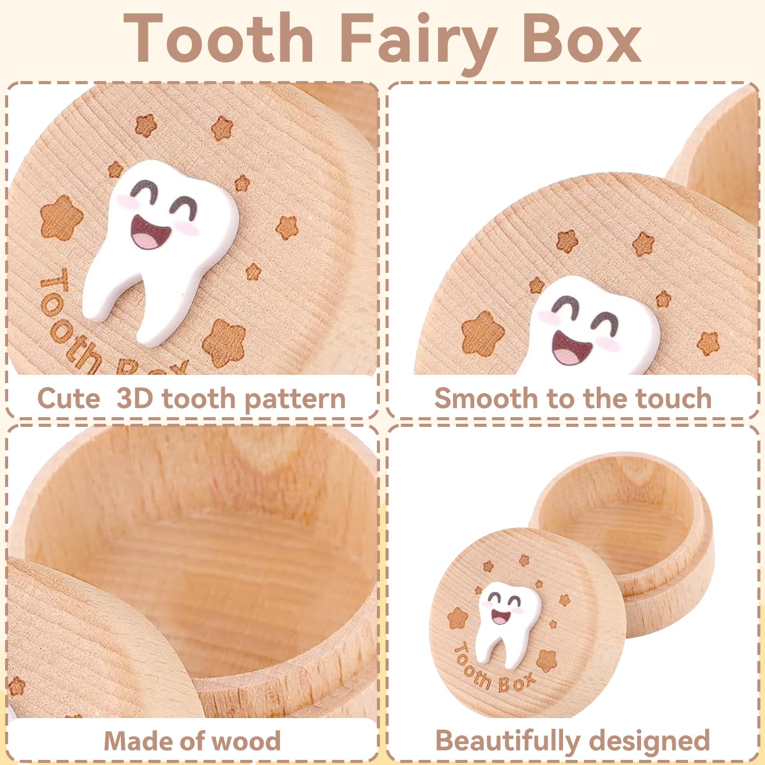 elook Tooth Fairy Kit, 3D Carved Wooden Tooth Storage Box with Fairy Bag, Tooth Fairy Box for Boy Baby Teeth - Image 3