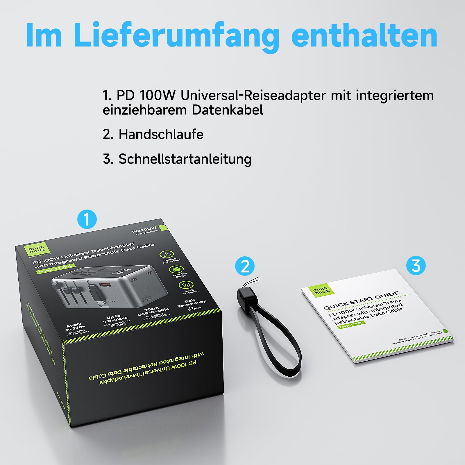 Minthouz Reiseadapter Weltweit,GaN Ⅲ PD 100W Universal Reisestecker mit 2 USB C und 1 USB A,Internationaler Steckdosenadapter mit ausziehbar Kabel,Universaladapter für UK USA Japan China (P100W-C)