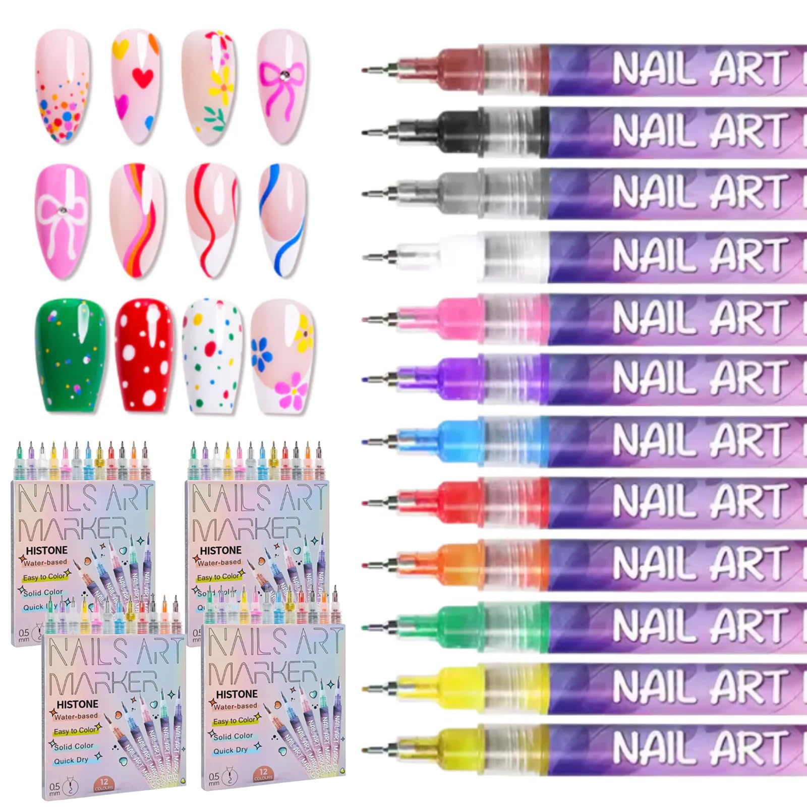 Stylos Nail Art-Pour unemanucure créative et sanseffort Kit Liner Ongle Enfant - Stylo Vernis à Ongles 3D Dotting Tool - 12 Couleurs - Crayon Blanc - Pointes Fines pour Nail Art Graffiti