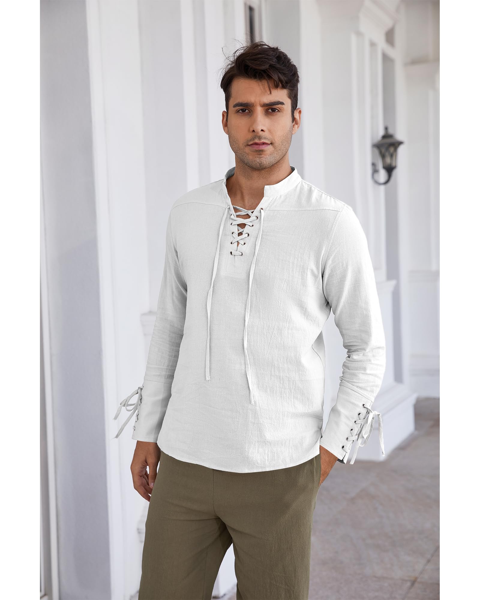 YAOBAOLE Camicia medievale da uomo, a maniche lunghe, in lino, da uomo, estiva, da pirata, per cosplay