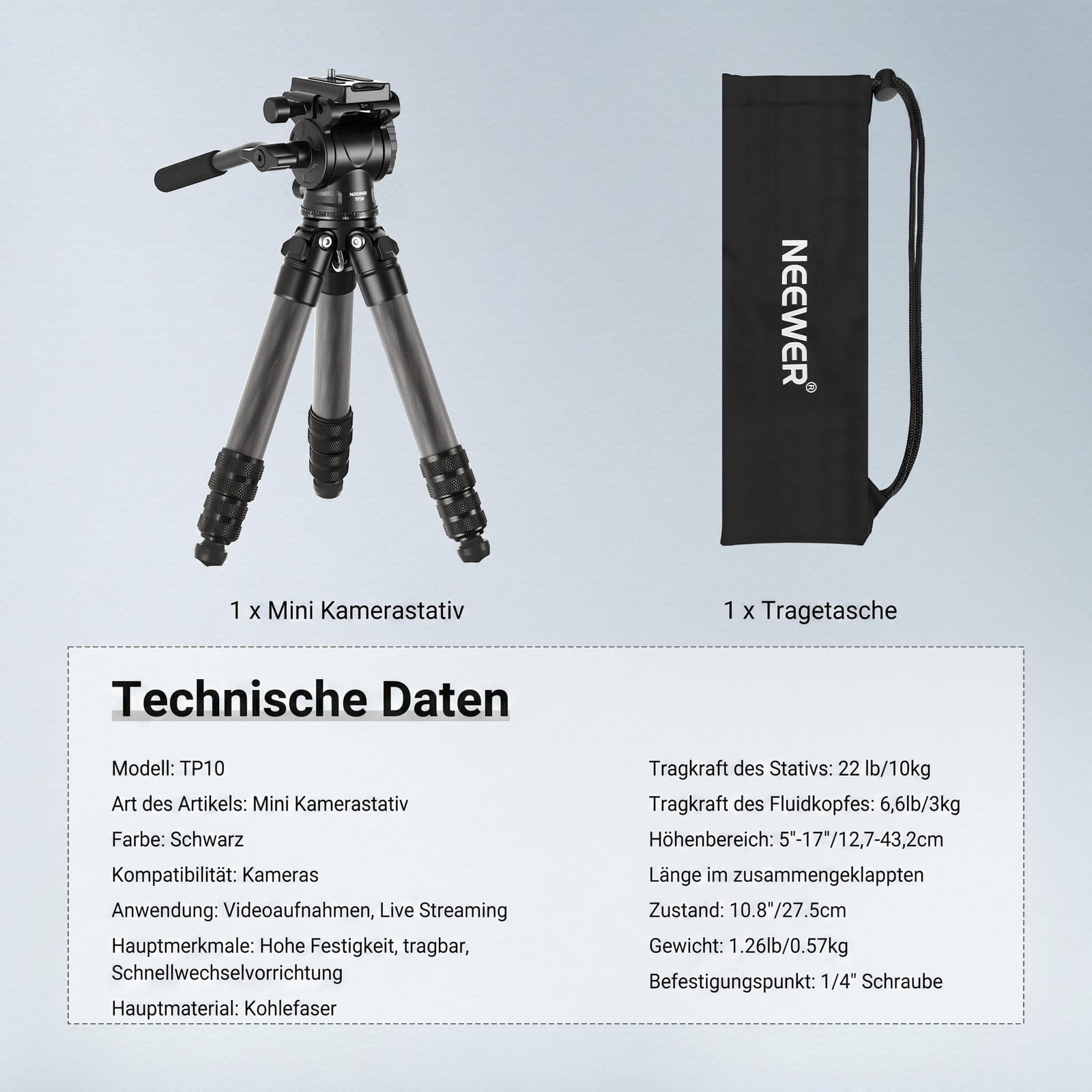 Neewer Carbonfaser Tisch Kamera Mini Stativ tragbares Tischstativ Reisestativ für unterwegs mit Fluidkopf Schnellwechselplatte für TikTok DSLR und Action Cam Video Streaming – Bild 7