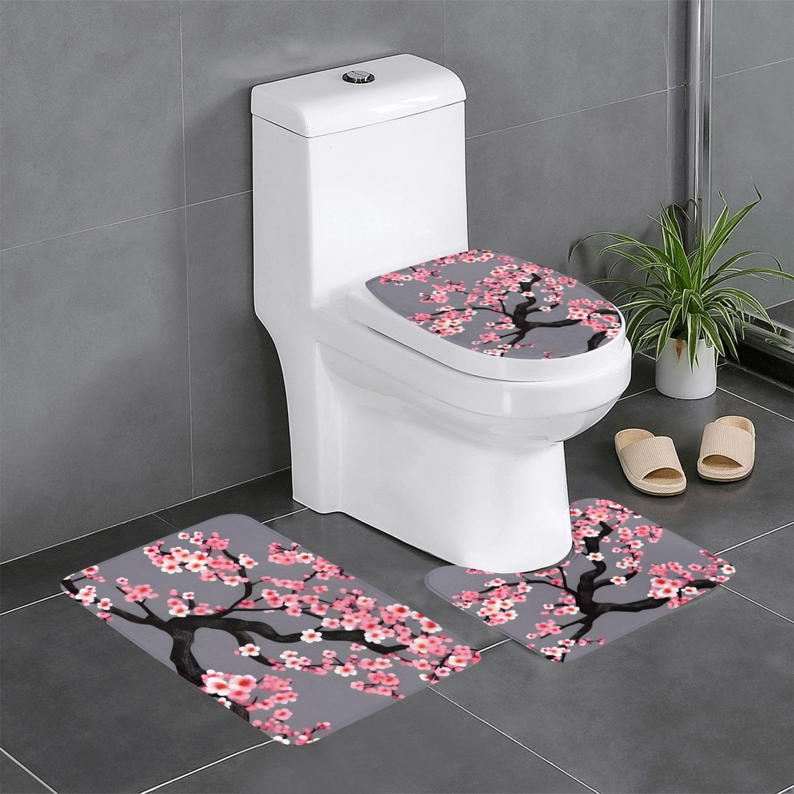 Tapis de salle de bain antidérapants motif cerisier lot 3 pièces contour ovale rectangulaire