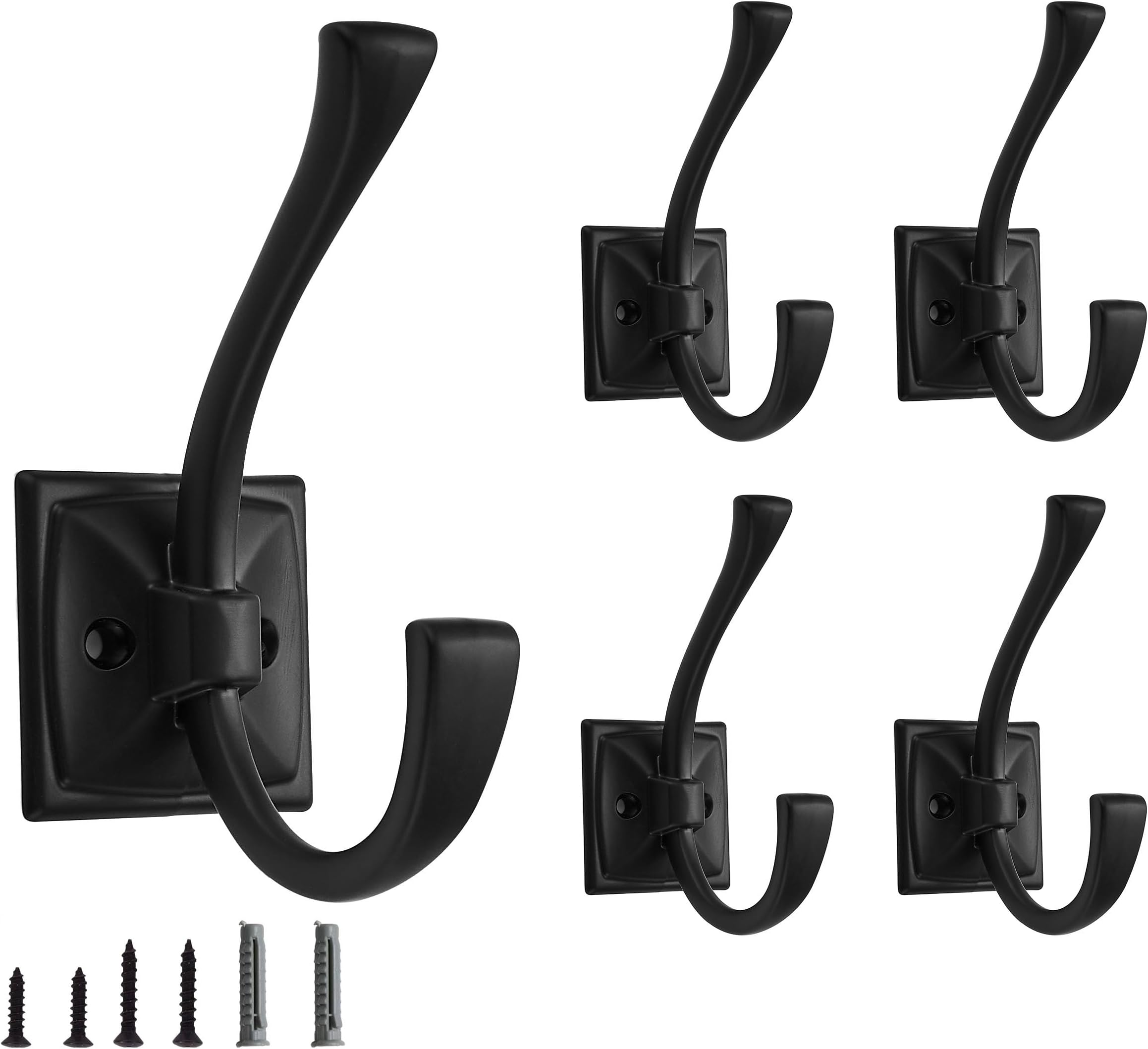 5 Pack Decorative Heavy Duty Towel Hooks for Hanging Robe Double Matte Black Coat Hooks Wall Mounted with Screws for Key, Towel, Bags, Cup, Hat