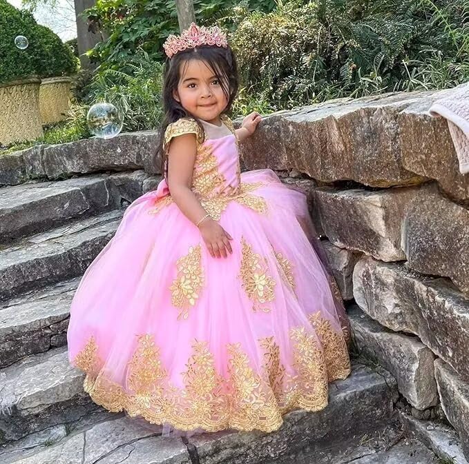 Scoop Neck Flower Girl Dresses for Wedding Gold Lace First Communion Dress Puffy Tulle Pageant Dresses for Girls4