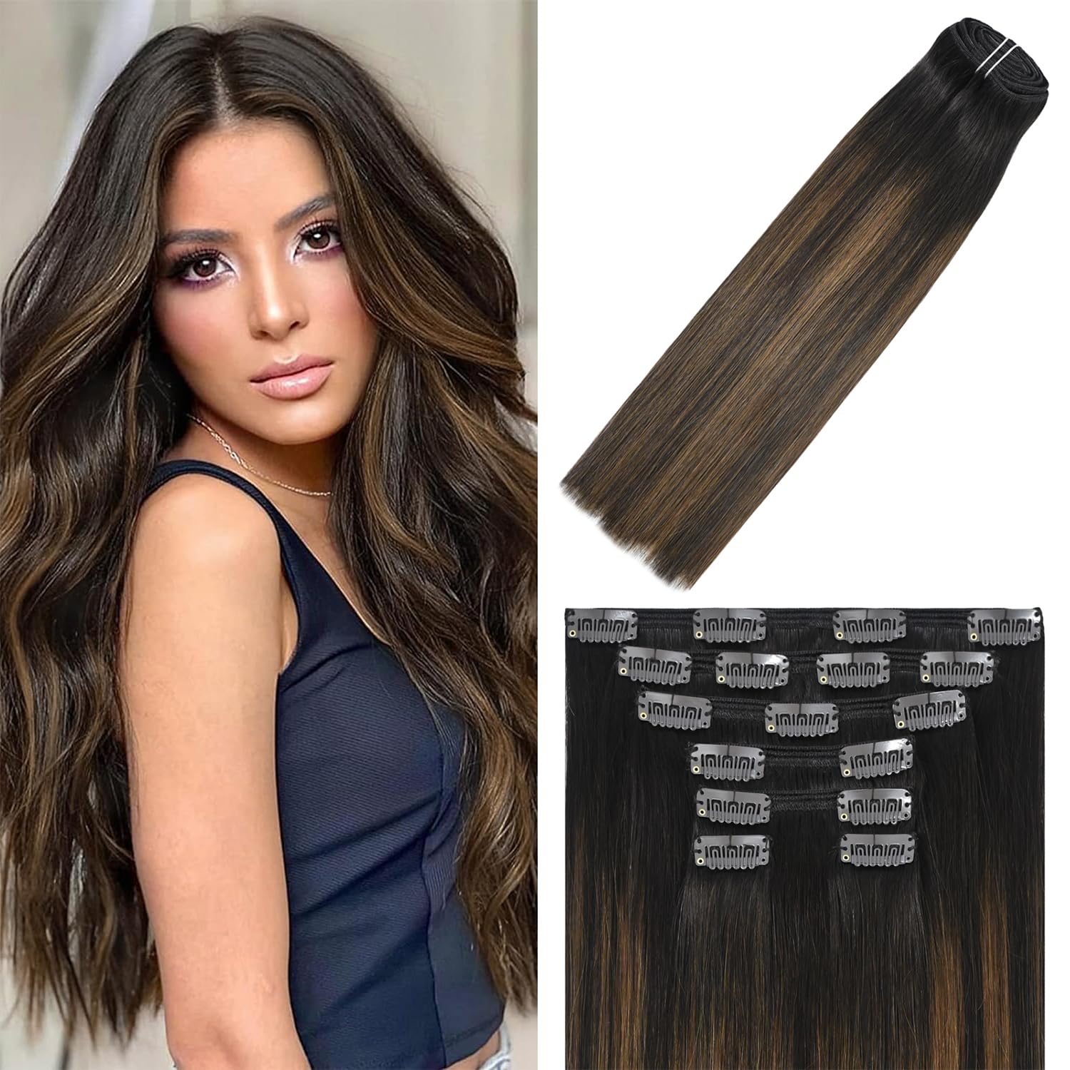 WindTouch Clip in Hair Extensions Human Hair, 15 Inch 75g #4 Medium Brown Hair Extensions for Women Real Human Hair Clip in, Remy Human Hair Extensions Clip ins, Soft Natural Straight — view 34