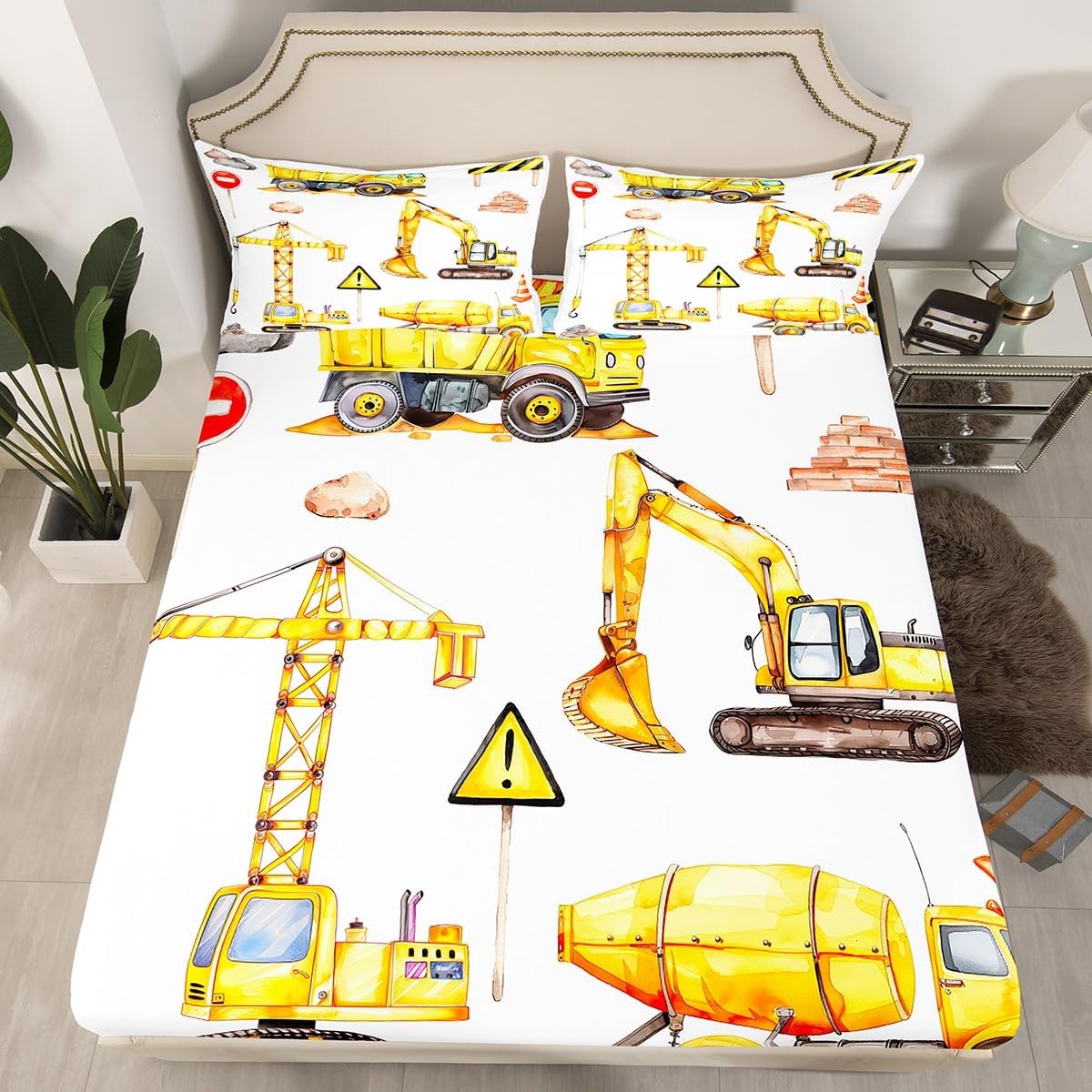 Feelyou Excavator Bed Sheets Set Watercolor Cartoon Cars Kids Sheet Set Boys Girls Construction Vehicles Decor Sheets with Deep Pocket Fitted Sheet Cranes Microfiber Bedding Set Bedroom Twin Size