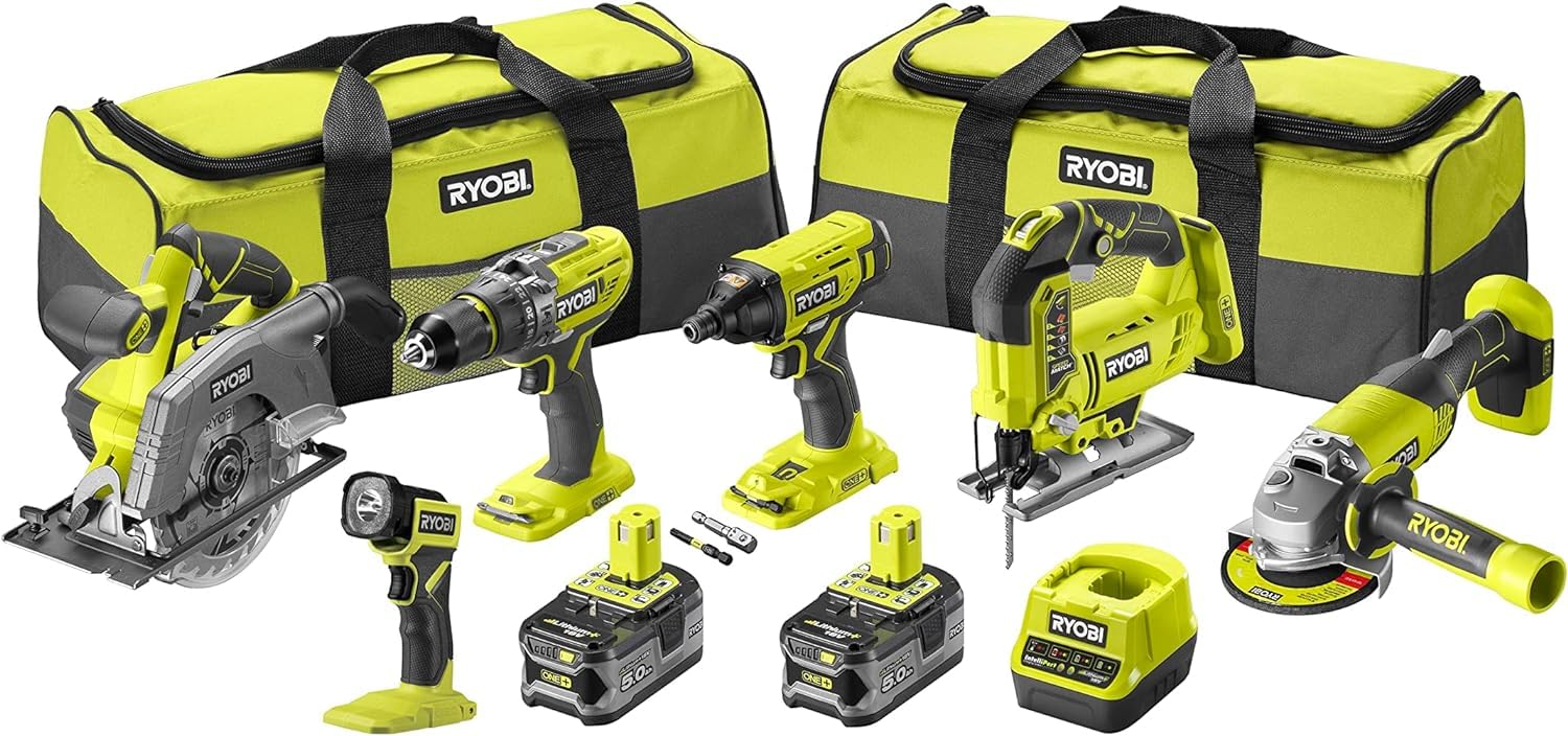 Ryobi RCK186A-250S Kit 6 Pezzi 18V One+ Trapano a Percussione Avvitatore a Impulsi Smerigliatrice Sega circolare Torcia 2 Batterie 5,0 Ah Caricatore