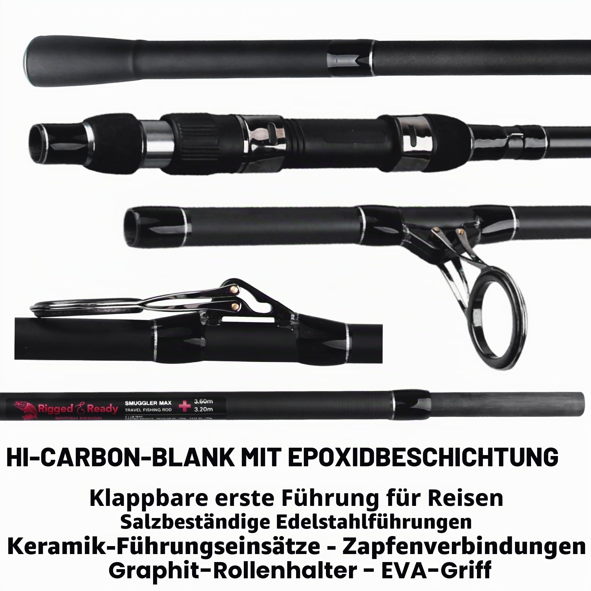 Rigged and Ready S Series Travel Fishing Rods. 2 Powerful Big Fish Predator-Carp-Surf Rods + 1 Combo + 2 Tips/cast Weights + Case. Travelling Angling in Fresh and Saltwater Fist to 15kg (33lb)