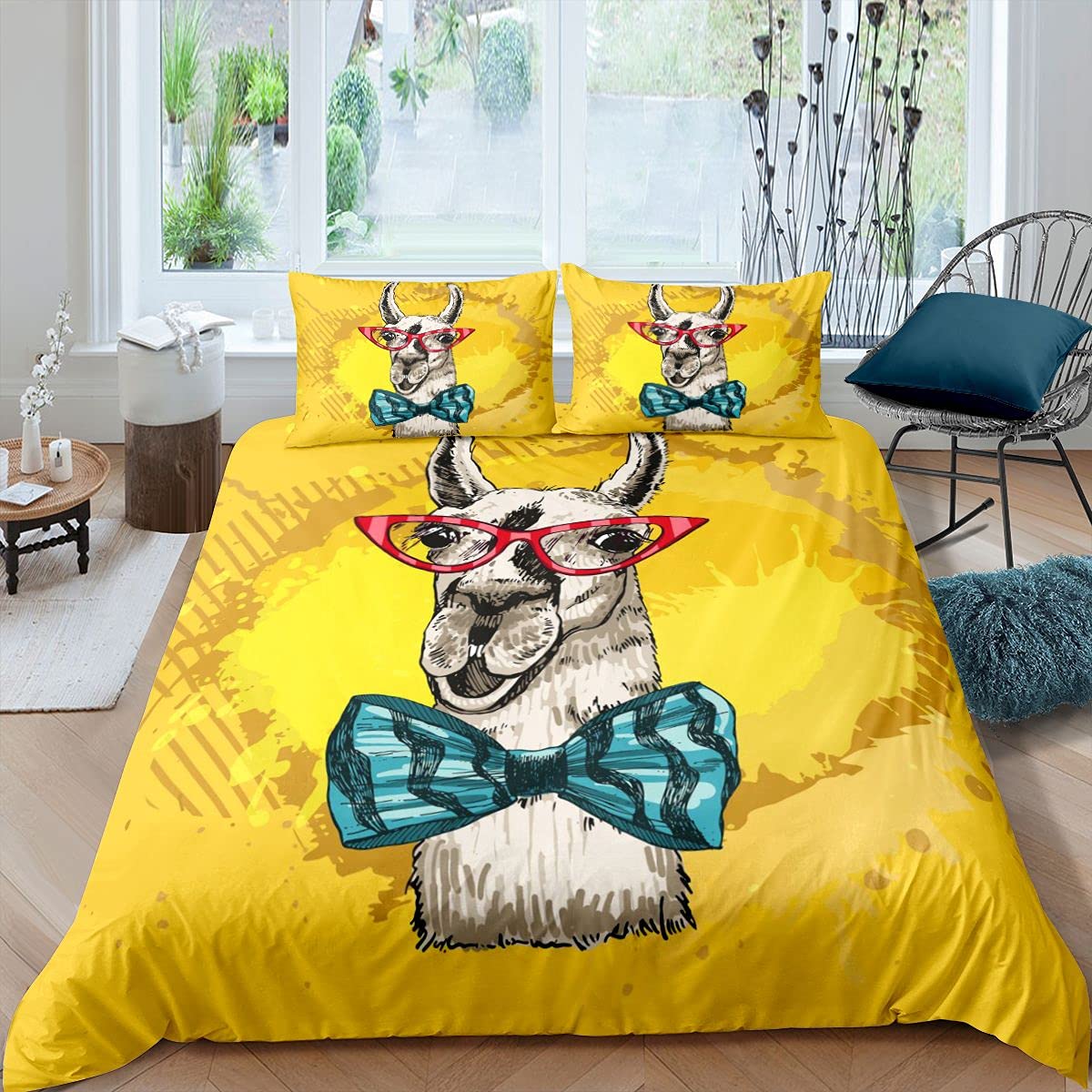 Loussiesd Lindo juego de ropa de cama Llama divertida Alpaca funda de edredón para niños niños adolescentes animales ropa de cama y ropa de cama cama amarilla y lino 3 piezas Super King