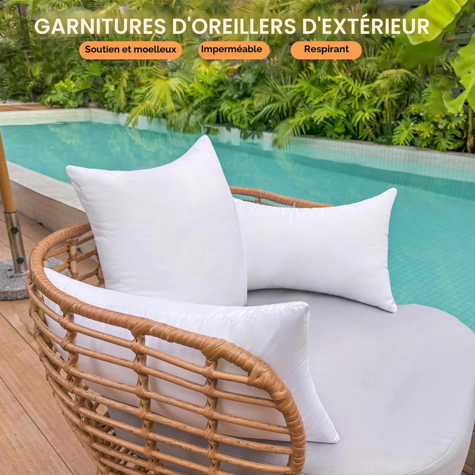 Lot de 4 coussins d'extérieur imperméables - 55 x 55 cm - Pour canapé, meubles de jardin, patio - Coussins carrés et décoratifs blancs