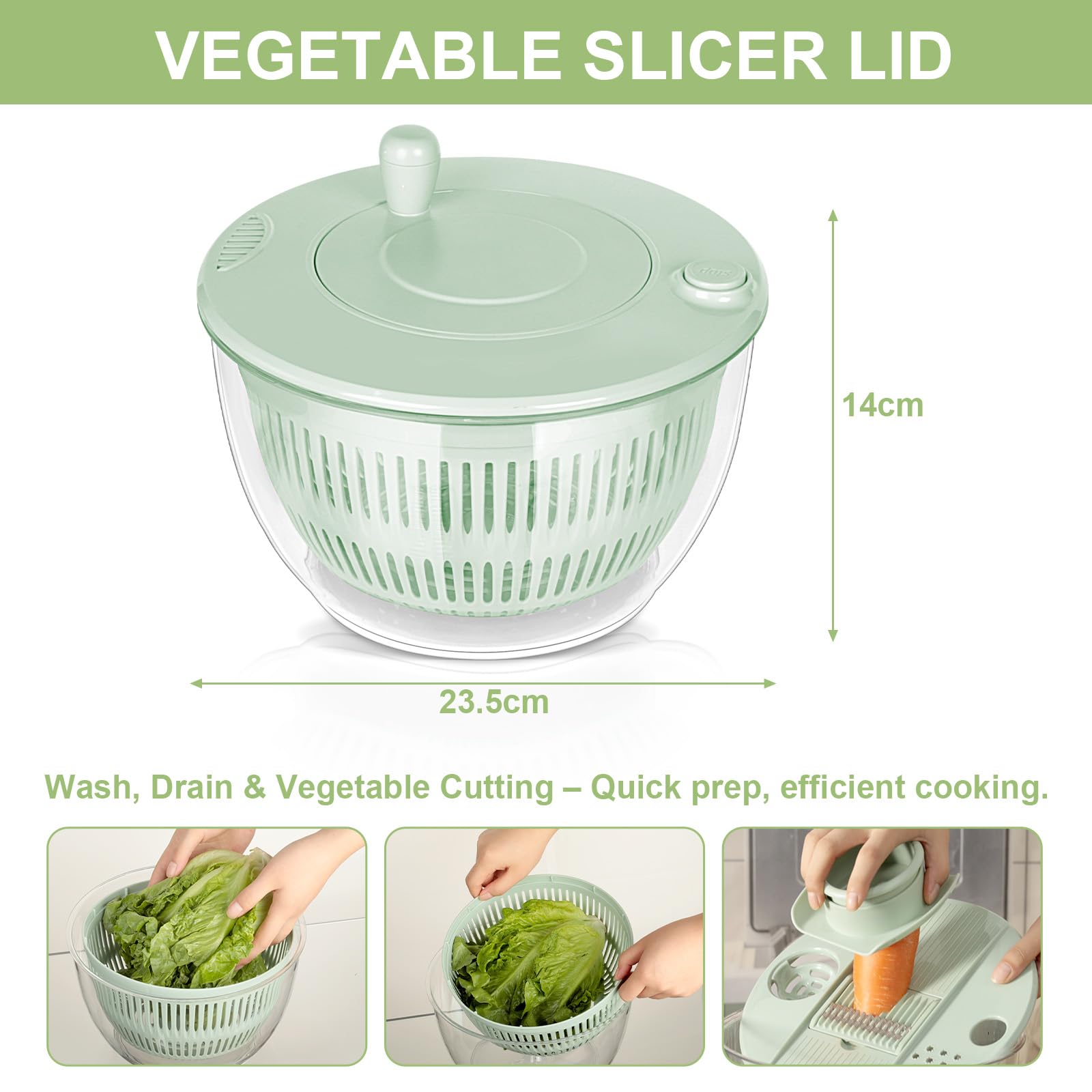 VINATO Centrifugadora Lechuga 4,5L, Mandolina de Cocina Multiusos, Escurridor Verduras para Lavar, Centrifugar y Cortar. Ensaladera con 5 Cuchillas + 1 Accesorio para Zumos.