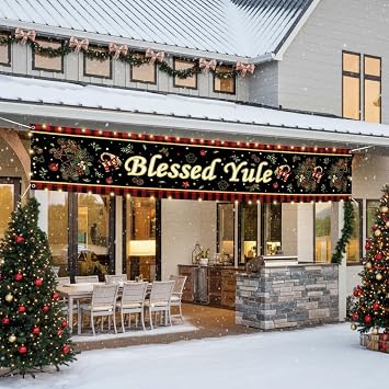 Blessed Yule Banner - 98" x 19" Large Christmas Yard Banner with Festive Wreath & Buffalo Plaid Design, Outdoor Holiday Decoration, Winter Solstice Celebration, Seasonal Yard Sign