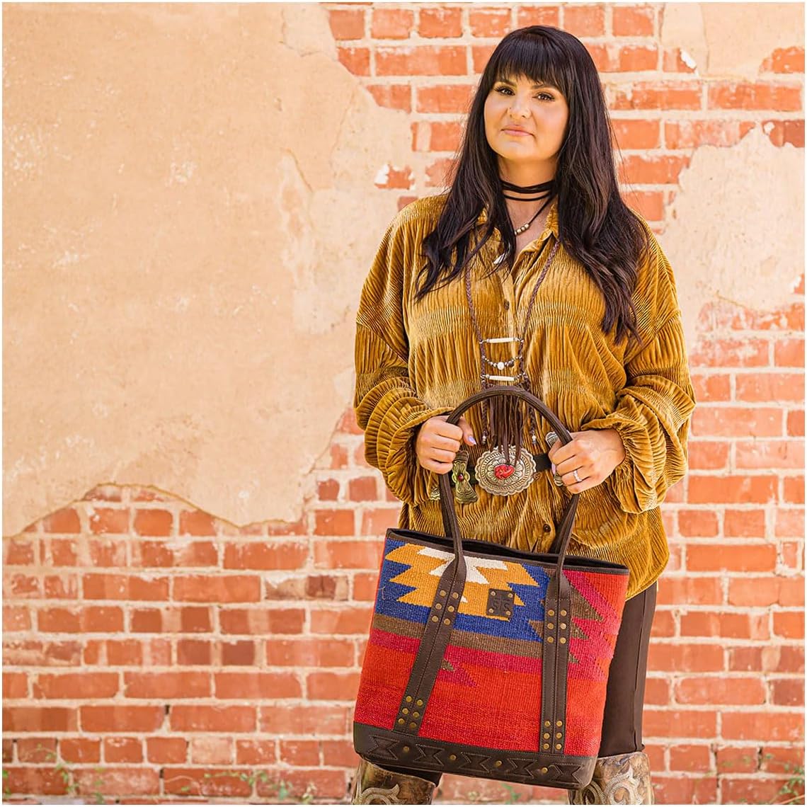 STS Ranchwear Full Grain Leather Accents Dual Handles Zipped Top Crimson Sun Tote Handbag, Matte Natural Chocolate