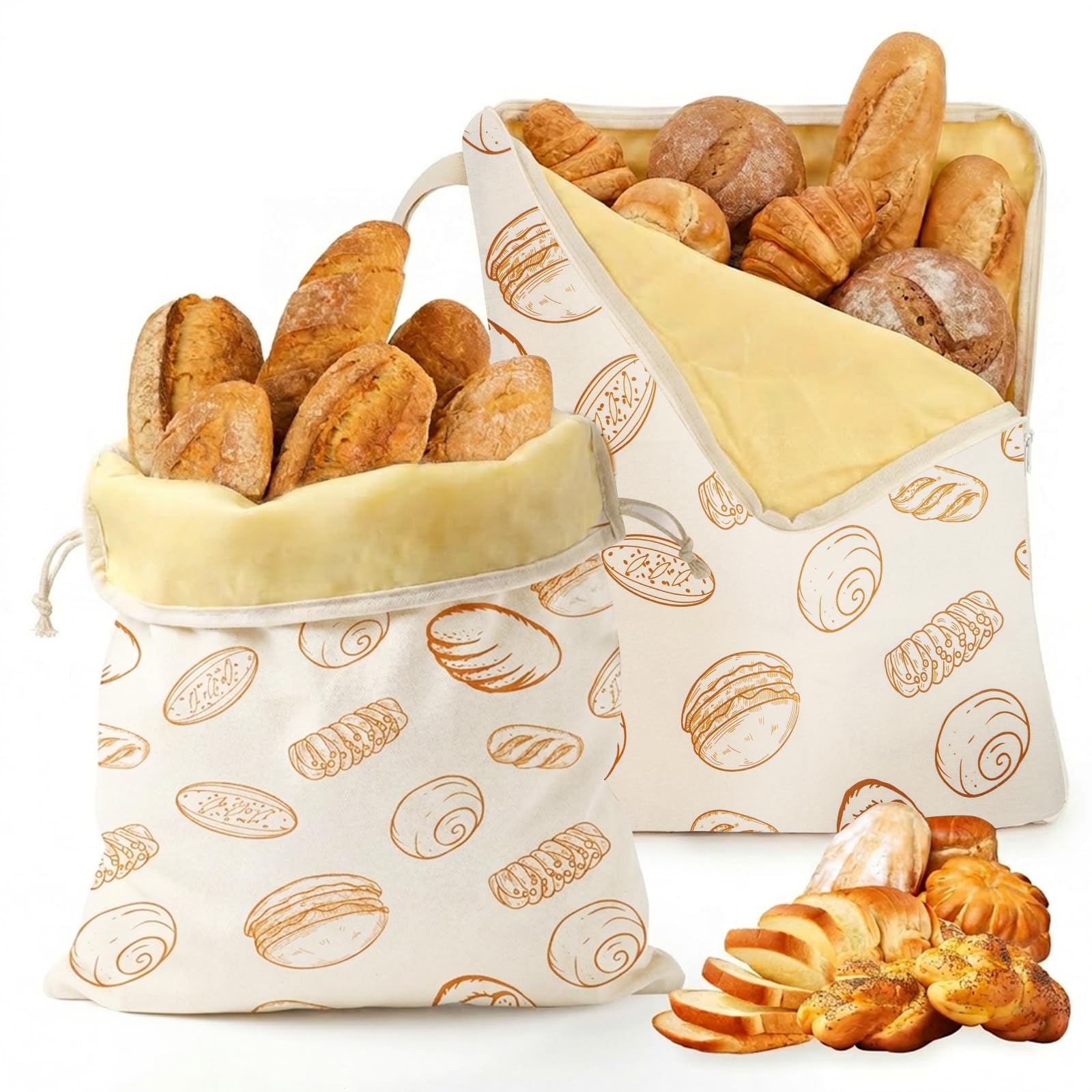 2Pcs Beeswax Bread Bags with L Shaped Zipper, 43x33cm Reusable Natural Beeswax-Lined Cotton Storage Bag, Bakery Bags for Homemade Sourdough, Freezer Safe Bread Keeper for Home Bakers(Style 2)