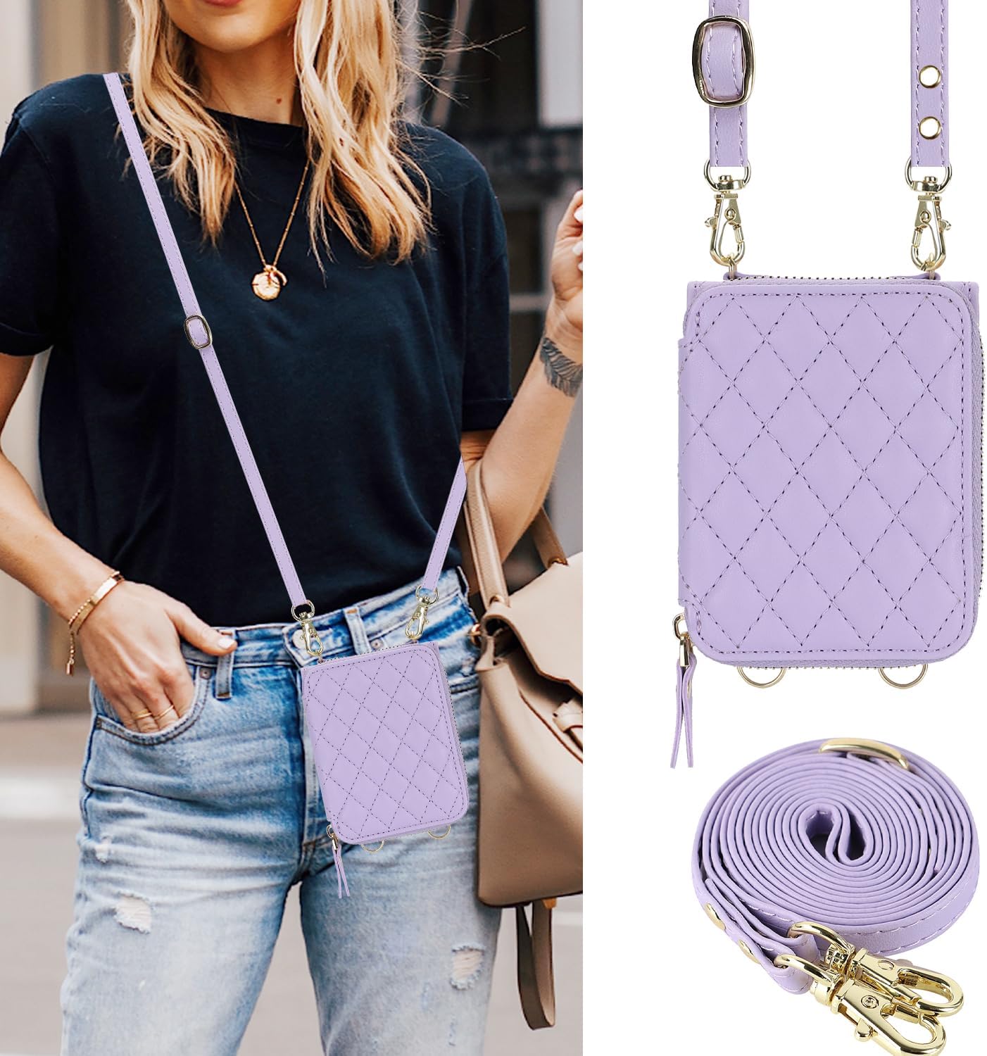 for Motorola Razr 2024 Wallet Case with Crossbody Strap, [RFID Blocking] Large Capacity Card Slot Case Women Girls Premium Leather Zipper Wrist Strap Flip Cover for Motorola Razr 50 2024 Purple