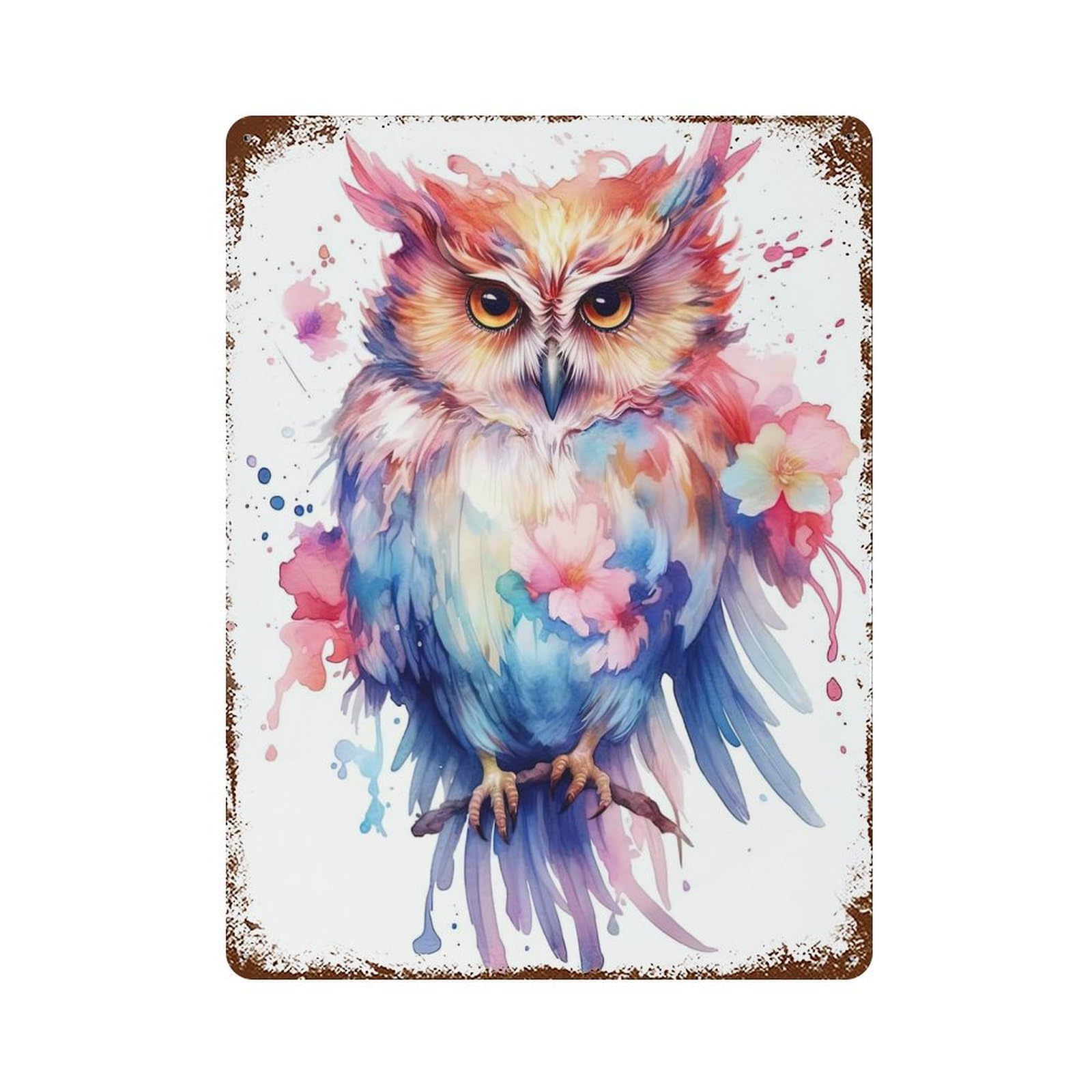 Decorative Tin Sign with Watercolor Owl Painting Design 15.7"x11.8", for Basement, Hobby Room And Garage Decor, Farmhouse Wall Decor