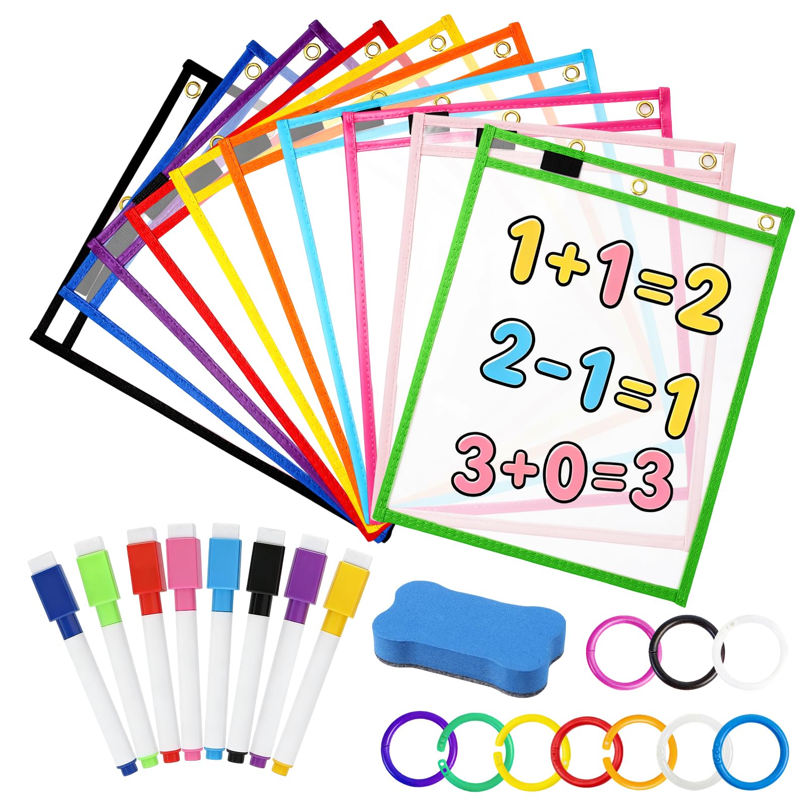 29 Pcs Dry Erase Pockets Set, 10 Pcs Reusable Dry Erase Pockets 8 Erase Pens10 Binder Rings 1 Eraser, Transparent Sheets Erasable Pockets Clear Dry Erase Pocket Teacher School Classroom