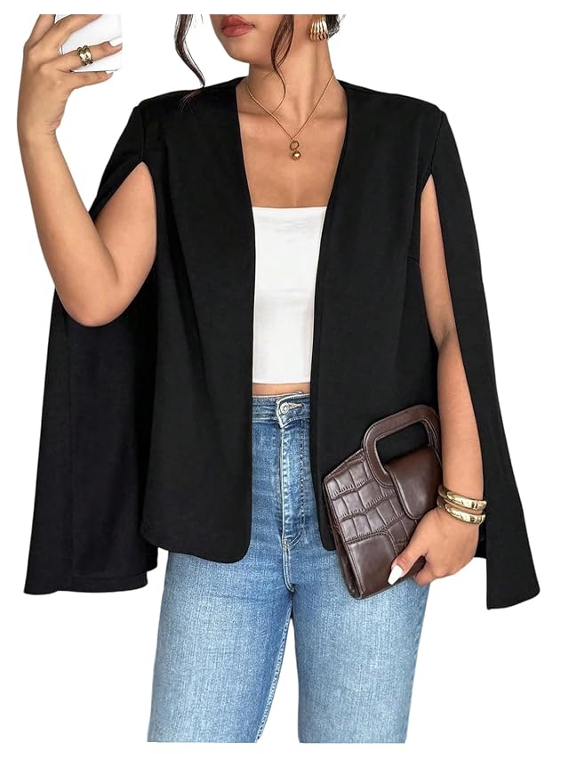 Womens Plus Size Cape Blazer Jacket Split Long Sleeve Open Front Business Casual Suit Tops Cardigan Coats