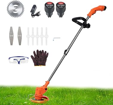 String Trimmer Cordless, 12V 2.0Ah Electric Weed Eater, Lawn Mower, Grass Trimmer for Garden, Lawn & Yard2 Batteries & Charger Included Orange
