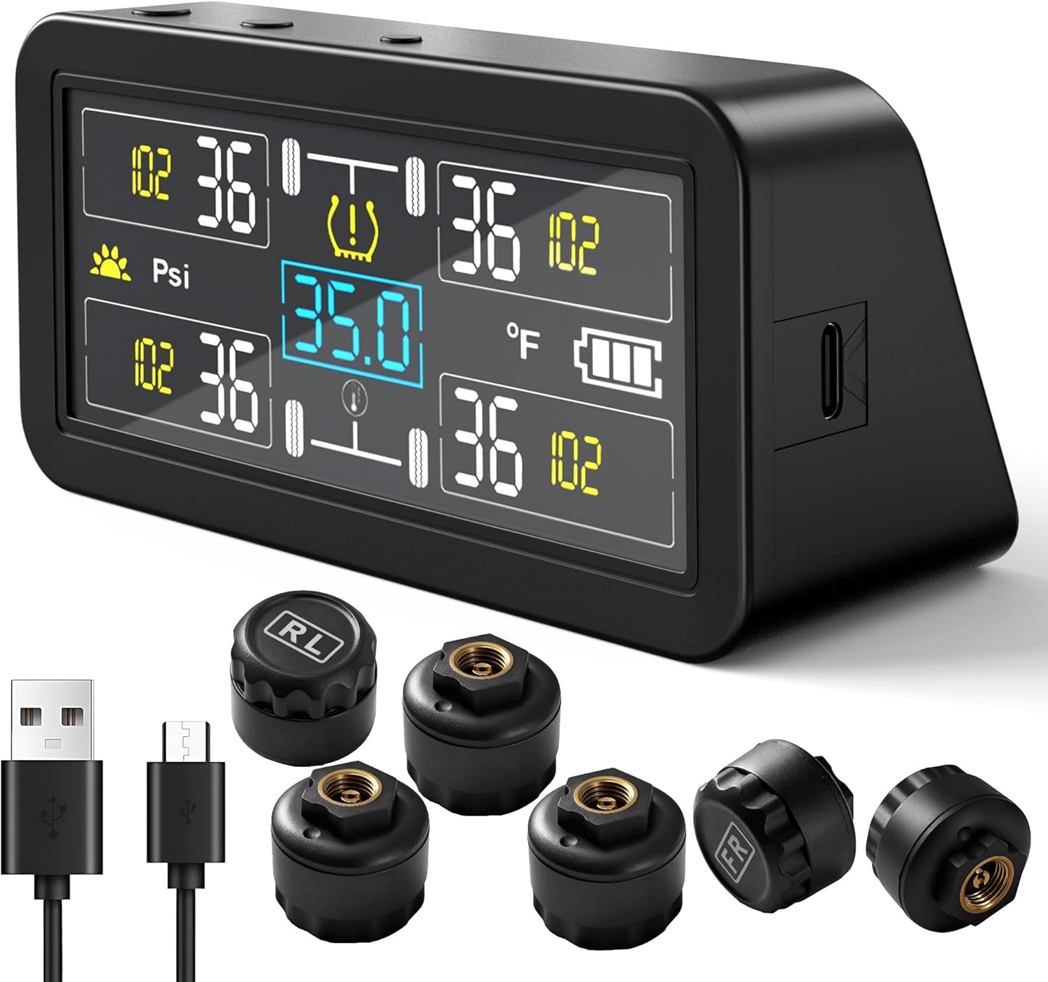 TPMS for RV & Trailer, 6 External Sensors Tire Pressure Monitoring System, 0-143 PSI High Pressure Range, Solar Powered Real-Time Monitor for Dually Truck, Camper, 5th Wheel, and Triple Axle Trailer