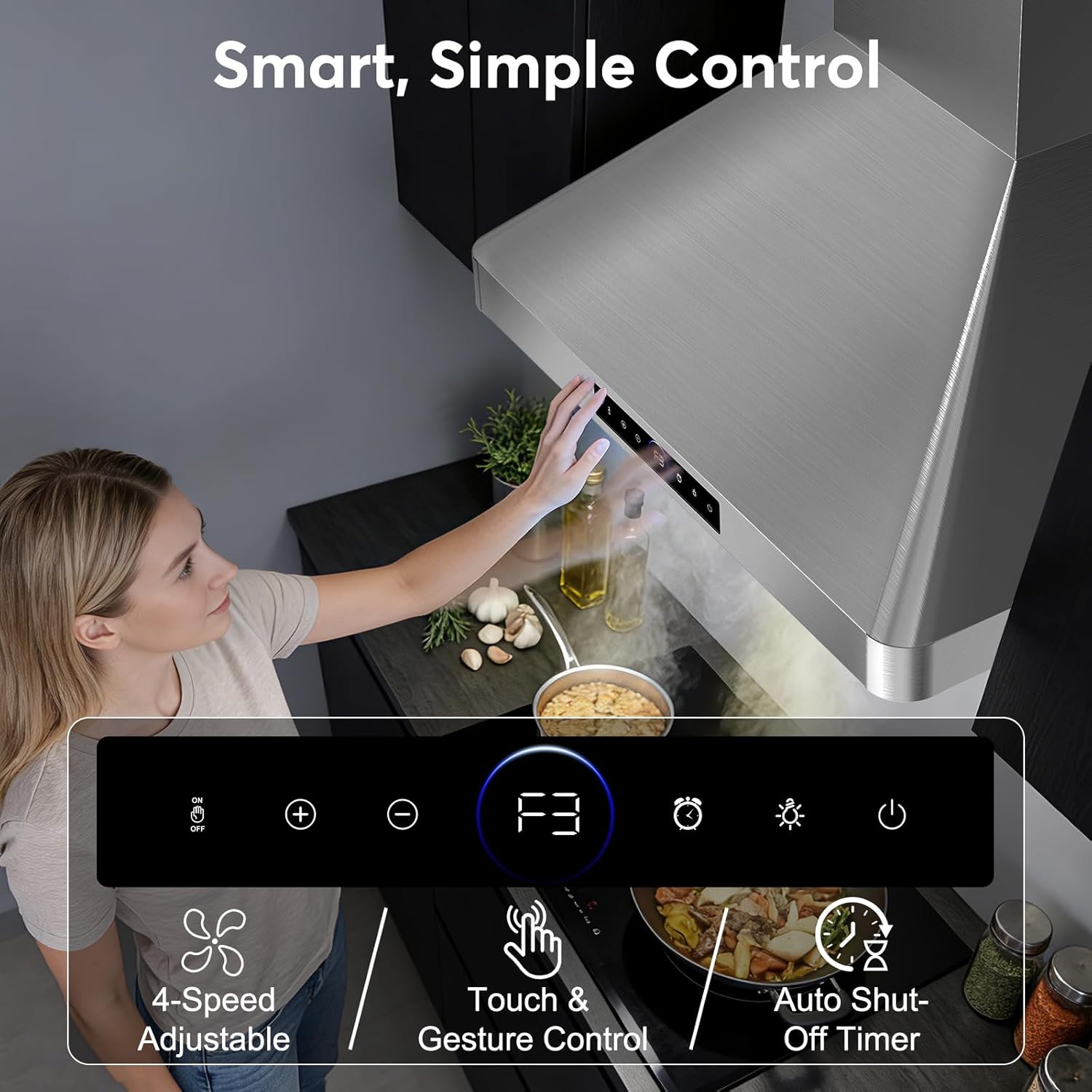 36 Inch Wall Mount Range Hood, 900 CFM Kitchen Hood with 4-Speed Fan, Ducted/Ductless Convertible, Gesture & Touch Control, Stainless Steel Stove Vent Hood with Adjustable LED and Auto Delay Shut-Off