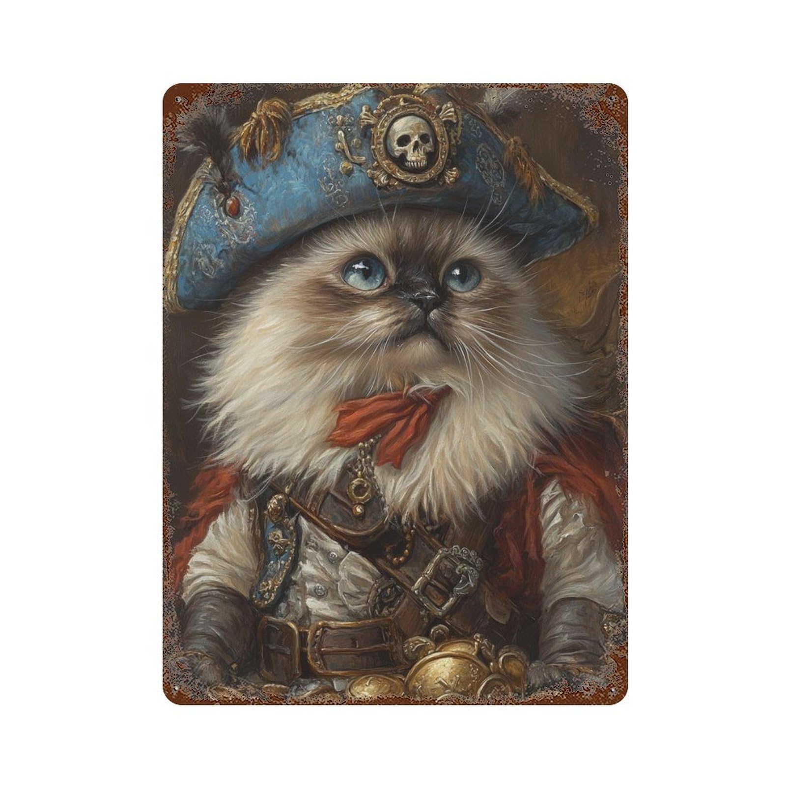 Pirate Cat Treasure Chest-12 15.7"x11.8" Weathered Tin Sign, Rustic Home Decor for Living Room, Hallway And Home Decor
