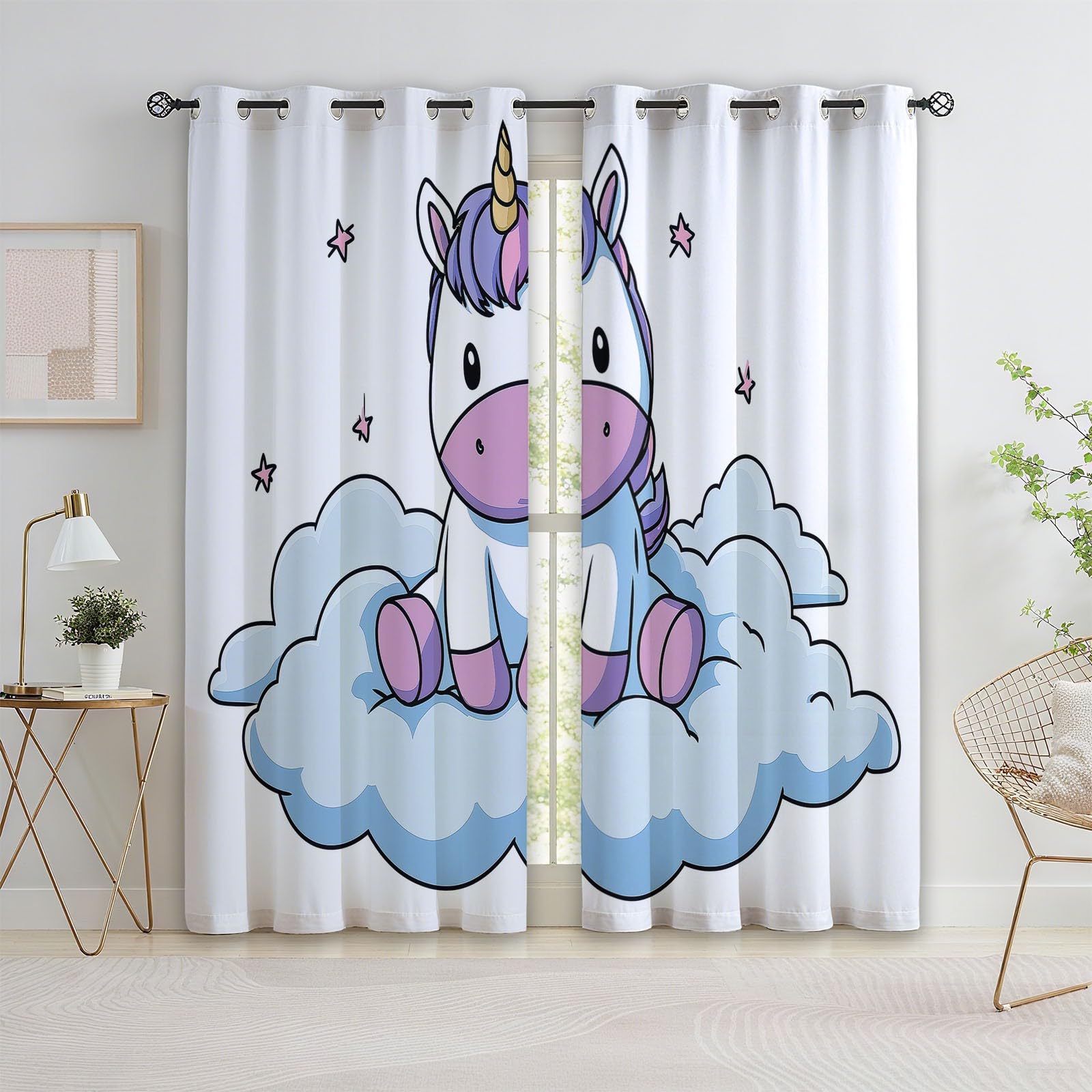 Générique Rideaux Opaques en Licorne Nuages Dessin Animé, Rideau Occultant en Polyester Blanc, Rideaux Thermique Isolant Anti-Froid Décoration de Fenêtre pour Salon Chambre Lot de 2 110L x 215H cm