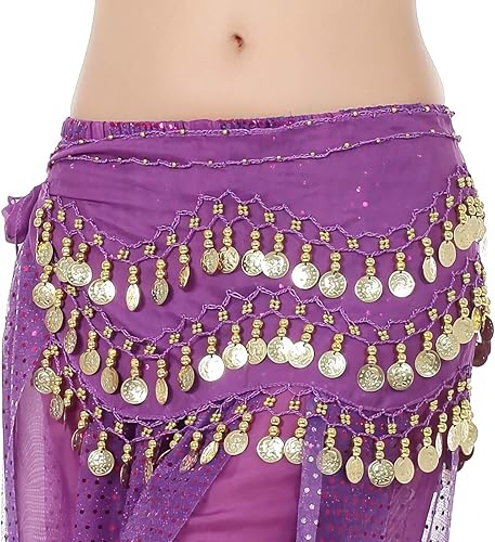 WAYDA Bufanda de cadera para Danza del Vientre, bufanda de danza del vientre para mujer, con 128 monedas color Oro, faldas para danza del vientre,