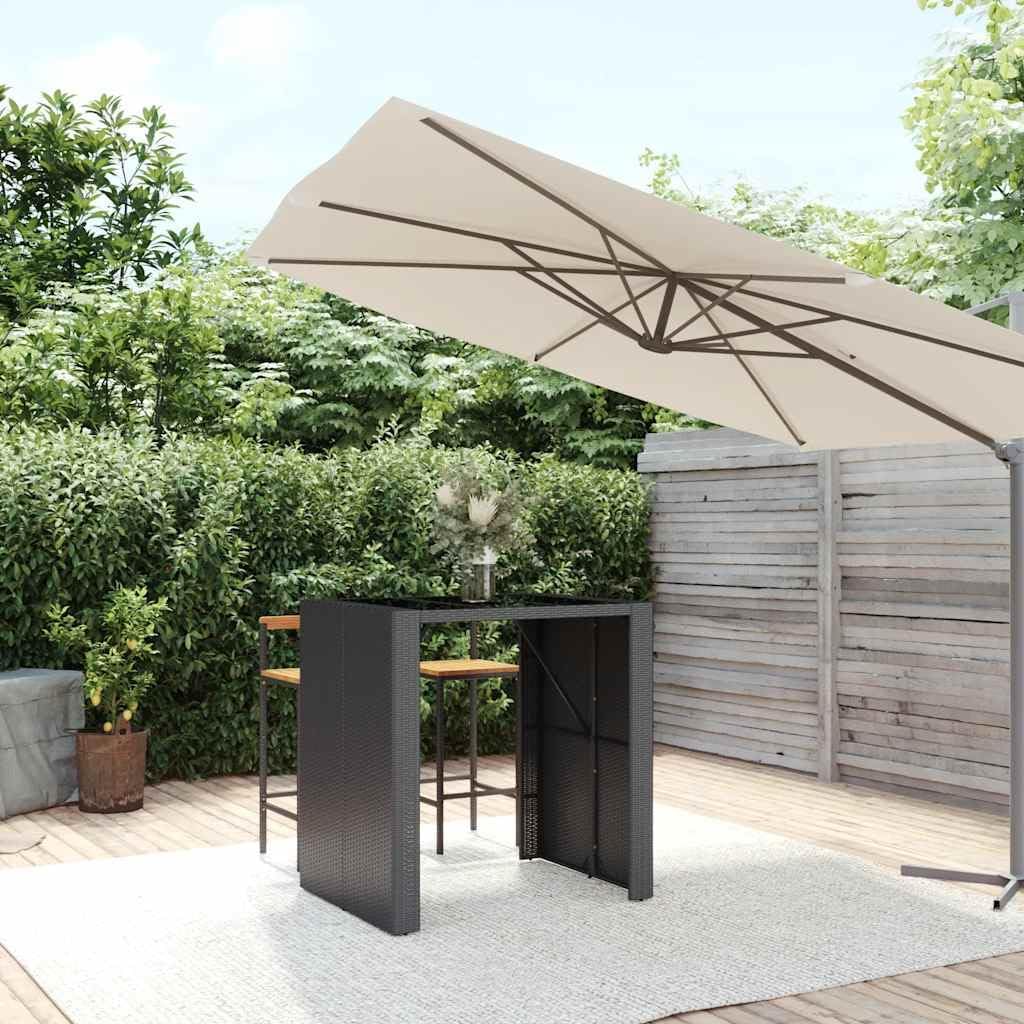 Bar Table with Glass Top Black Rectangular Outdoor Patio Bar Table Durable Poly Rattan and Powder-Coated Steel for Garden Bistro and Cocktail Use, Fits Four People