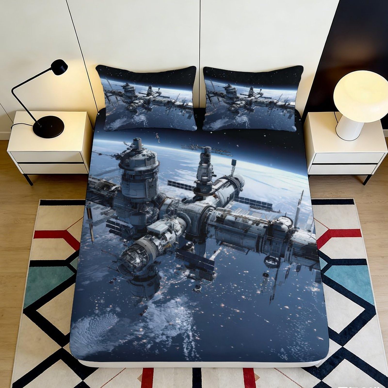Uxinyoume Style-6 3D Printed Space Station Fitted Sheet Microfiber Soft Mattress Cover Cosmic Universe For Bedroom Dorm Decor 90X200x25cm