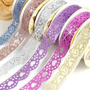 B&Y Washi Tape,Lace Pattern Glitter Bling Self-Adhesive Tape,Diamond Washi Tape Masking DIY Scrapbooking Lace Tape Sticker, 6 Rolls Tape Color Random