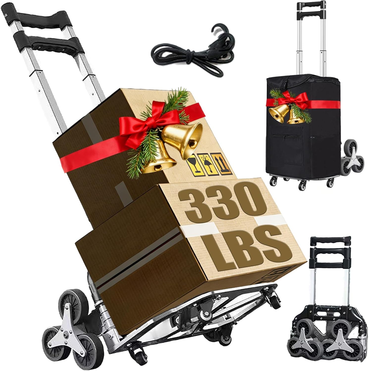 Stair Climbing Cart, 330LB Capacity Collapsible Stair Climbing Dolly,Cart for Stairs with Bungee Cord and Swivel Wheels 50L Shopping Bag,Hand Trucks for Moving Shopping, Office Use (Black)