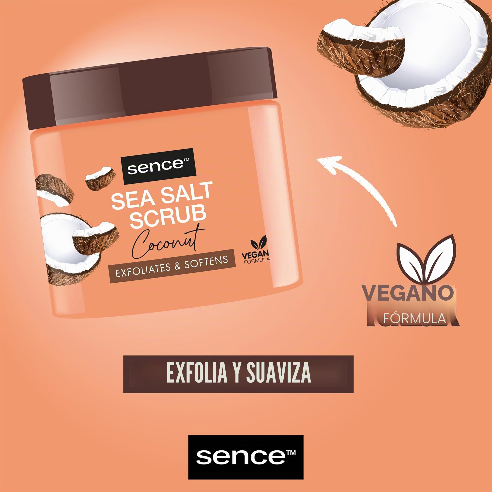 Sence Body Scrub Coconut, Exfoliante de sal marina de coco, vegano con toque tropical, aceite de jojoba y vitamina E, exfoliante cosmético de aceite de coco, cuidado de belleza, aceite de coco natural